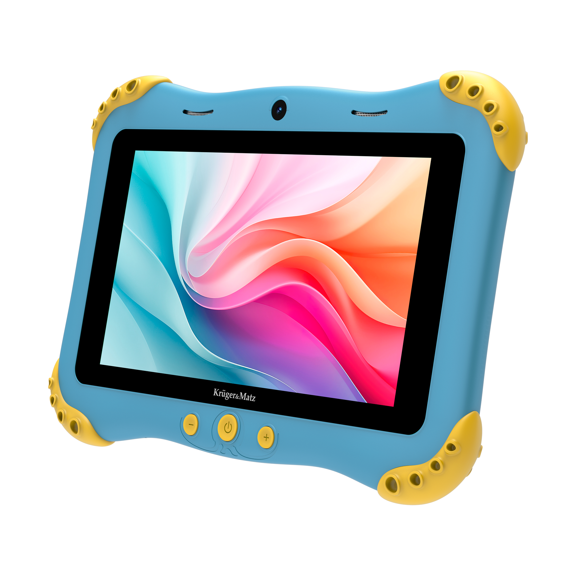 Niebieski tablet z żółtymi akcentami. Ekran wyświetla kolorową sztukę abstrakcyjną. Posiada markę Kruger&Matz.