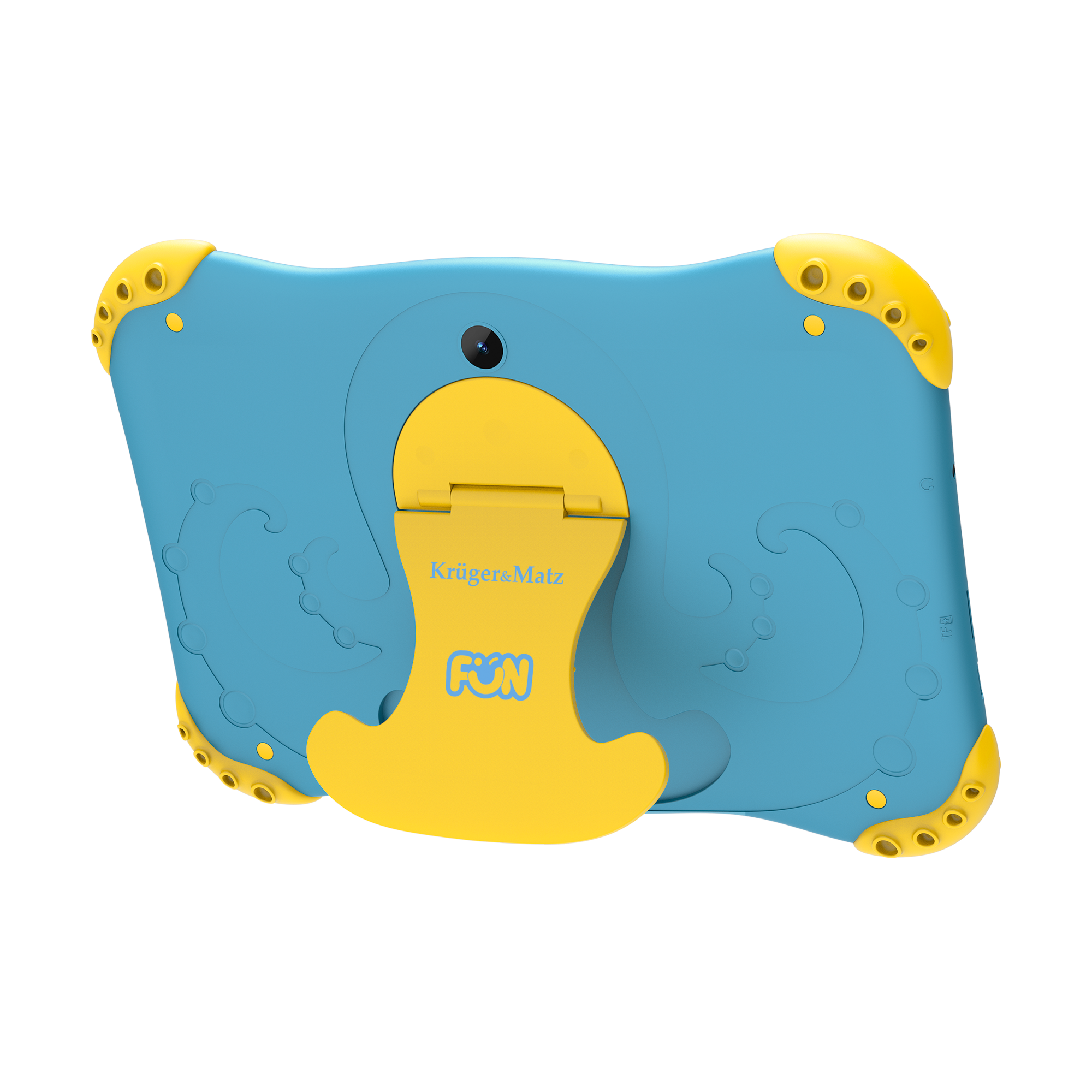 Niebieski tablet z żółtymi akcentami. Posiada podstawkę i aparat. Marka Krüger&Matz jest widoczna.