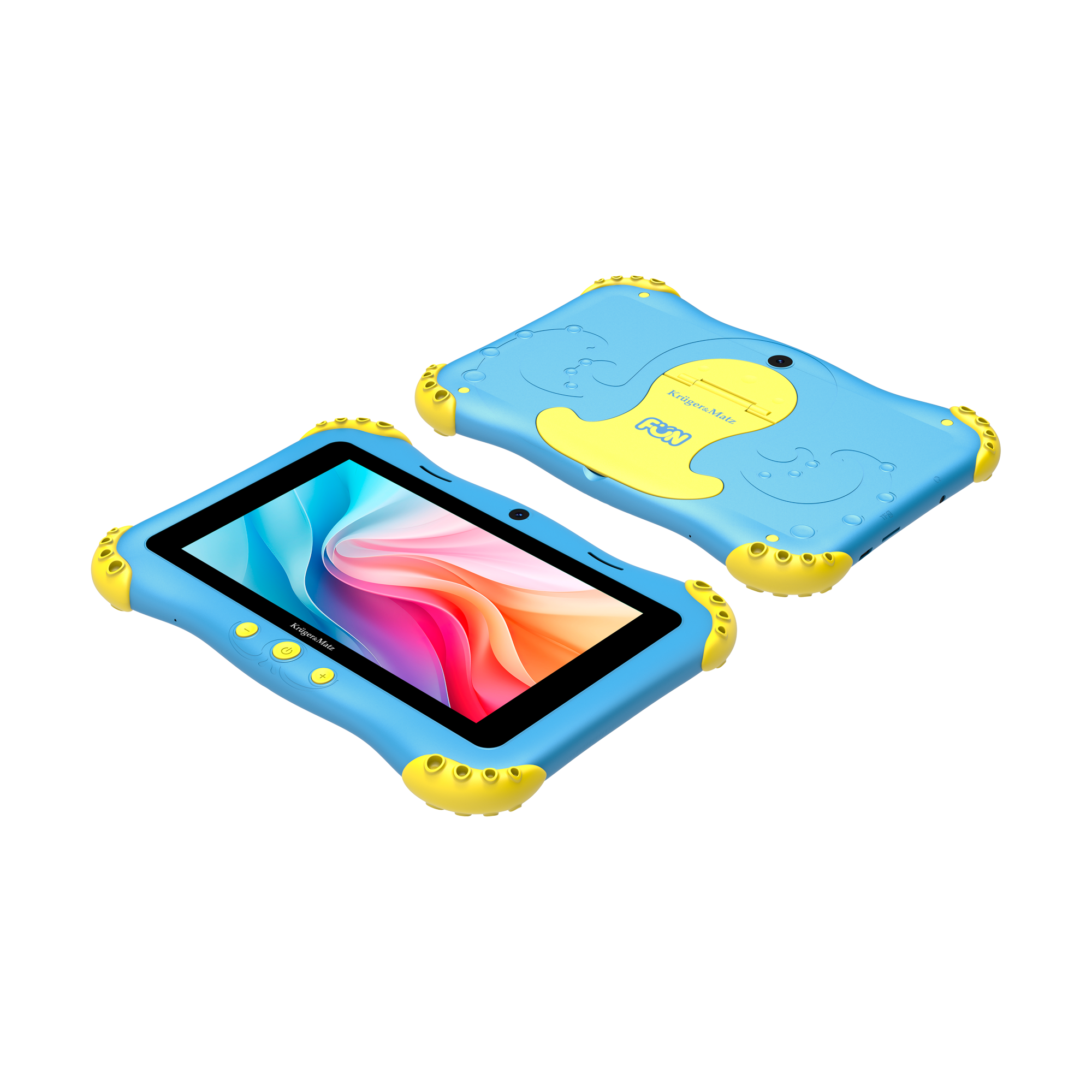 Dwa niebieskie tablety z żółtymi akcentami. Jeden wyświetla kolorowy ekran. Drugi ma napis 'FUN' i 'Kruger&Matz'.