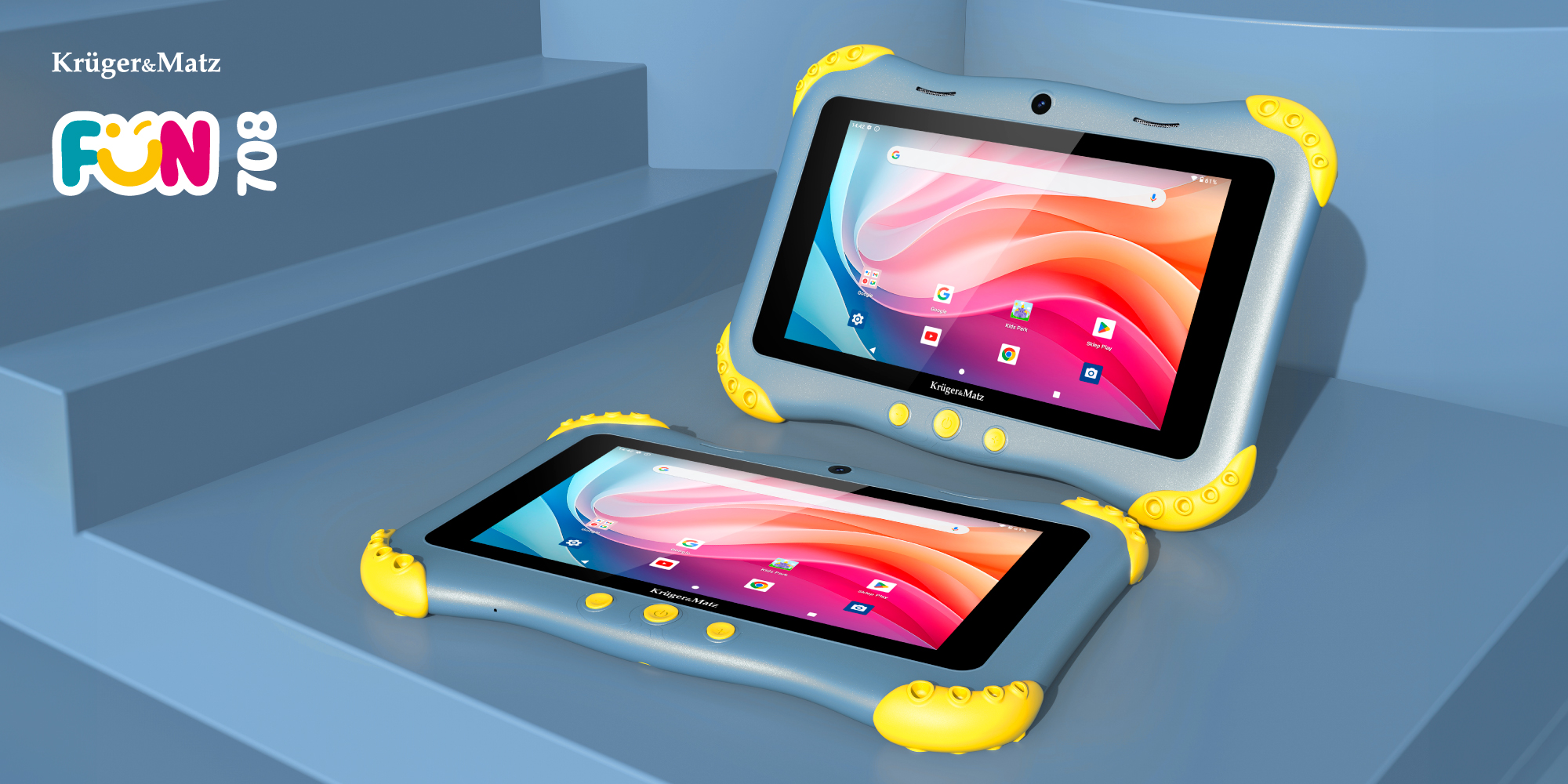 Dwa tablety z kolorowymi ekranami, szarymi ramkami i żółtymi akcentami. Jeden jest na drugim na niebieskich schodach. Widoczne logo marki.