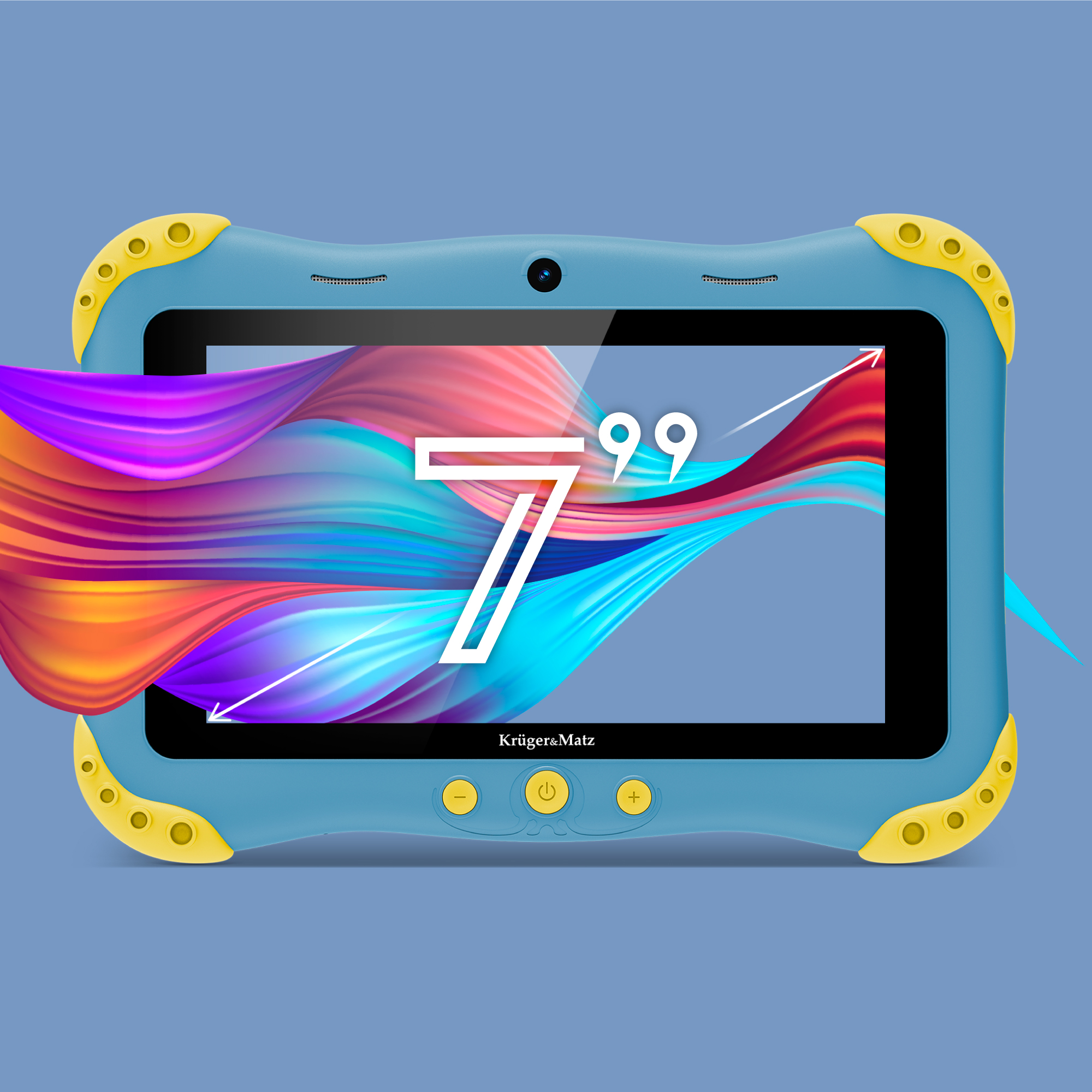Niebieski tablet z żółtymi akcentami. Na ekranie kolorowy wzór fal z cyfrą 7. Tło jest jasnoniebieskie.