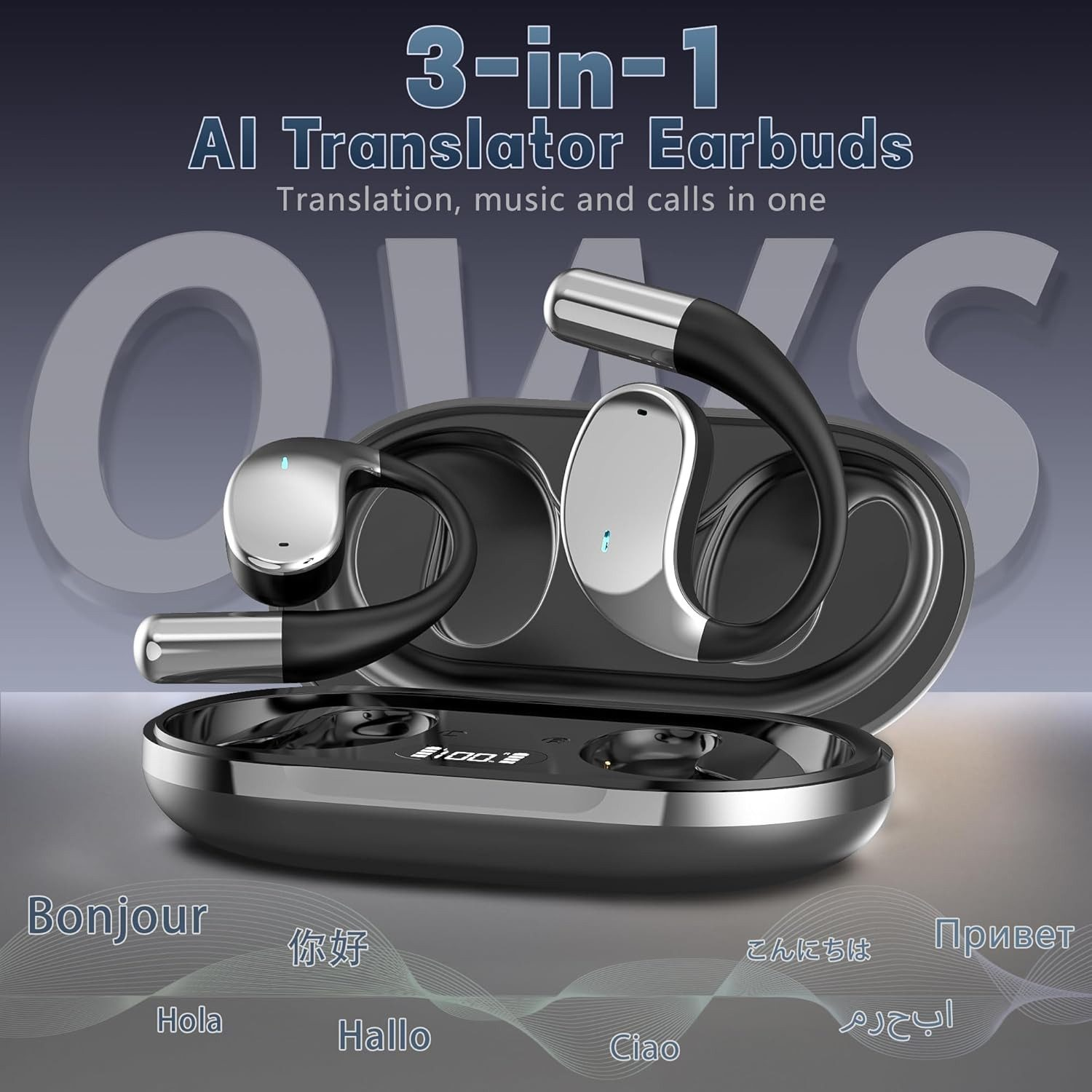 Das Bild zeigt Ohrhörer in einem Ladekoffer mit Text-Overlay: '3-in-1 AI Translator Earbuds'. Mehrsprachige Grüße sind unten vorhanden.