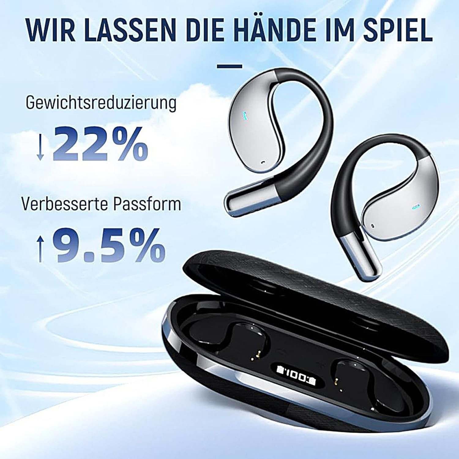 Das Bild zeigt Ohrhörer mit einem Ladekoffer. Der Text hebt eine Gewichtsreduzierung von 22 % und eine verbesserte Passform von 9,5 % hervor.