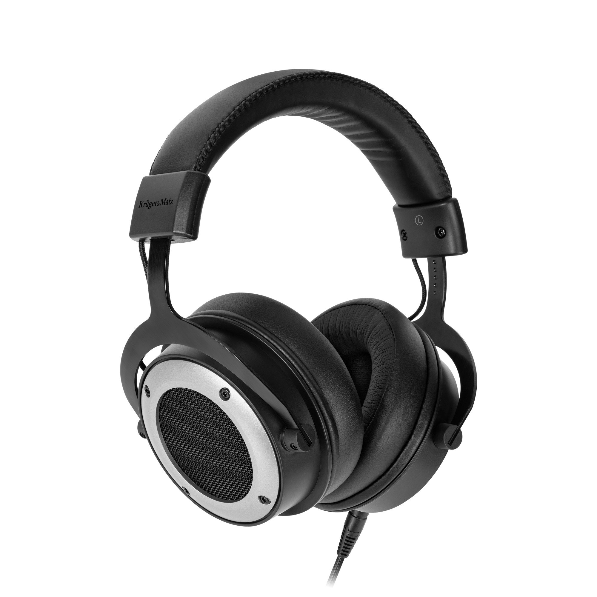 Czarne słuchawki nauszne ze srebrnymi akcentami i siatką. Widoczna nazwa marki Krüger&Matz.