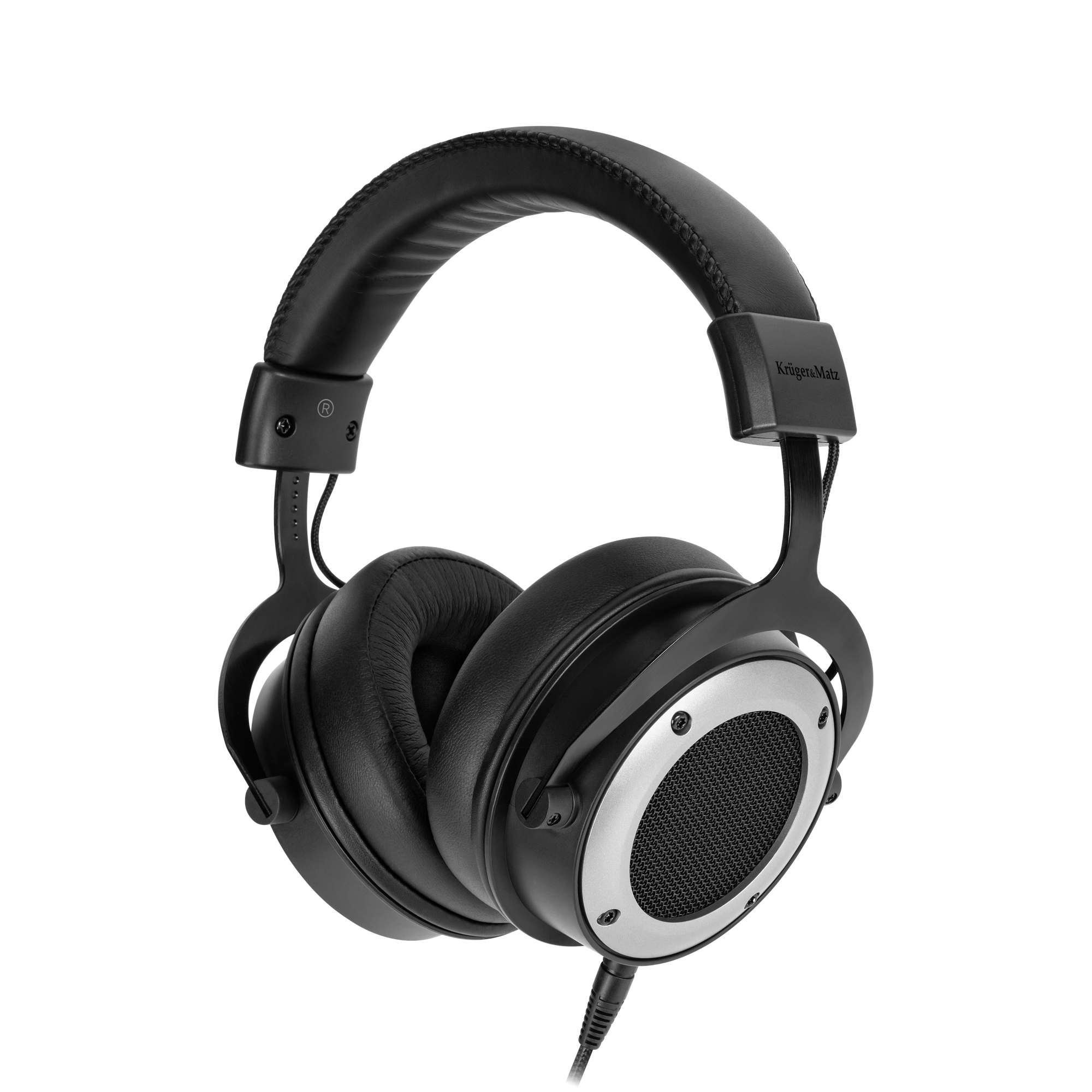 Czarne i srebrne słuchawki nauszne. Muszle mają siatkowy przód. Kabel wychodzi od dołu. Tło jest szare.