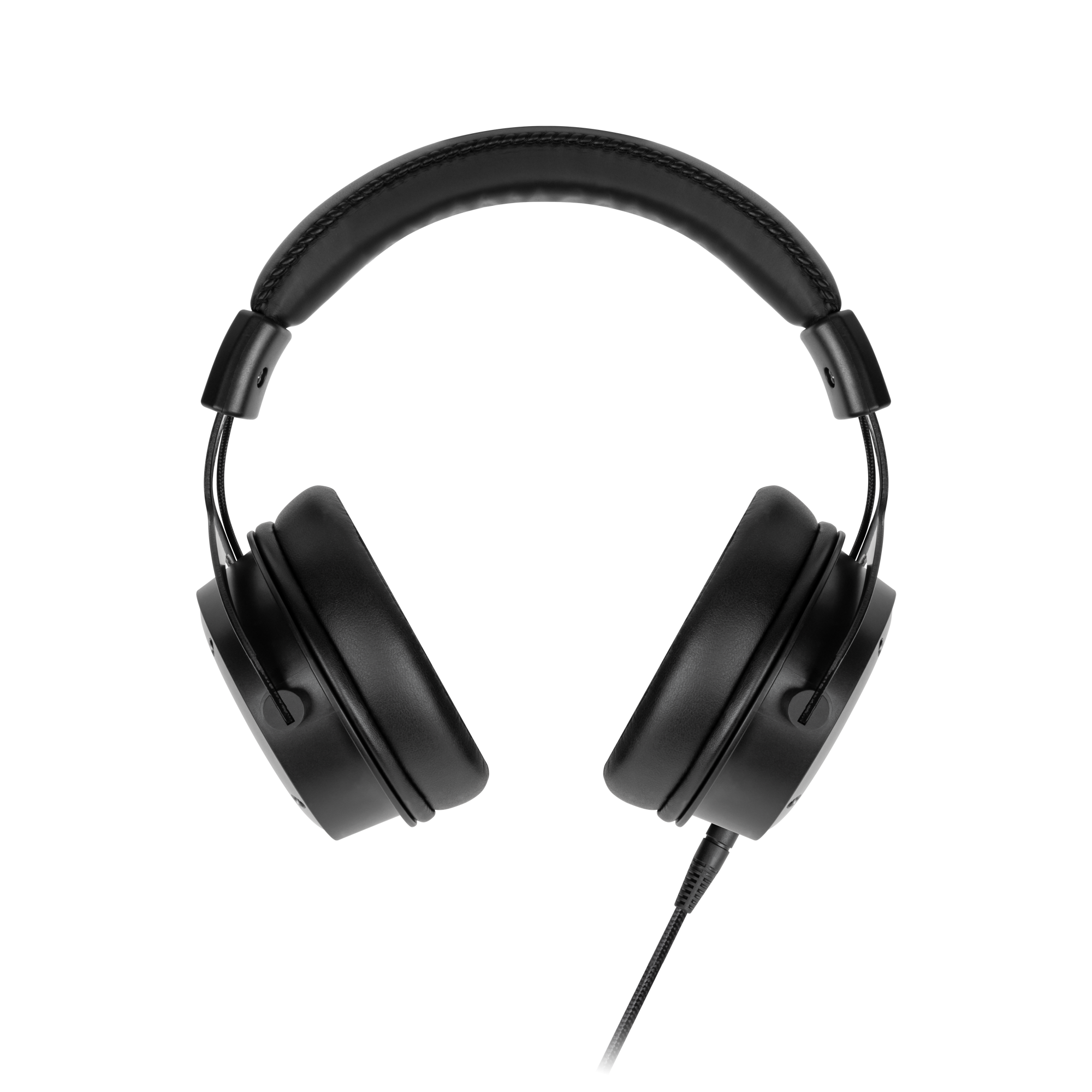 Czarne słuchawki z wyściełanym pałąkiem i nausznicami. Kabel wychodzi z jednej nausznicy. Szare i białe tło.