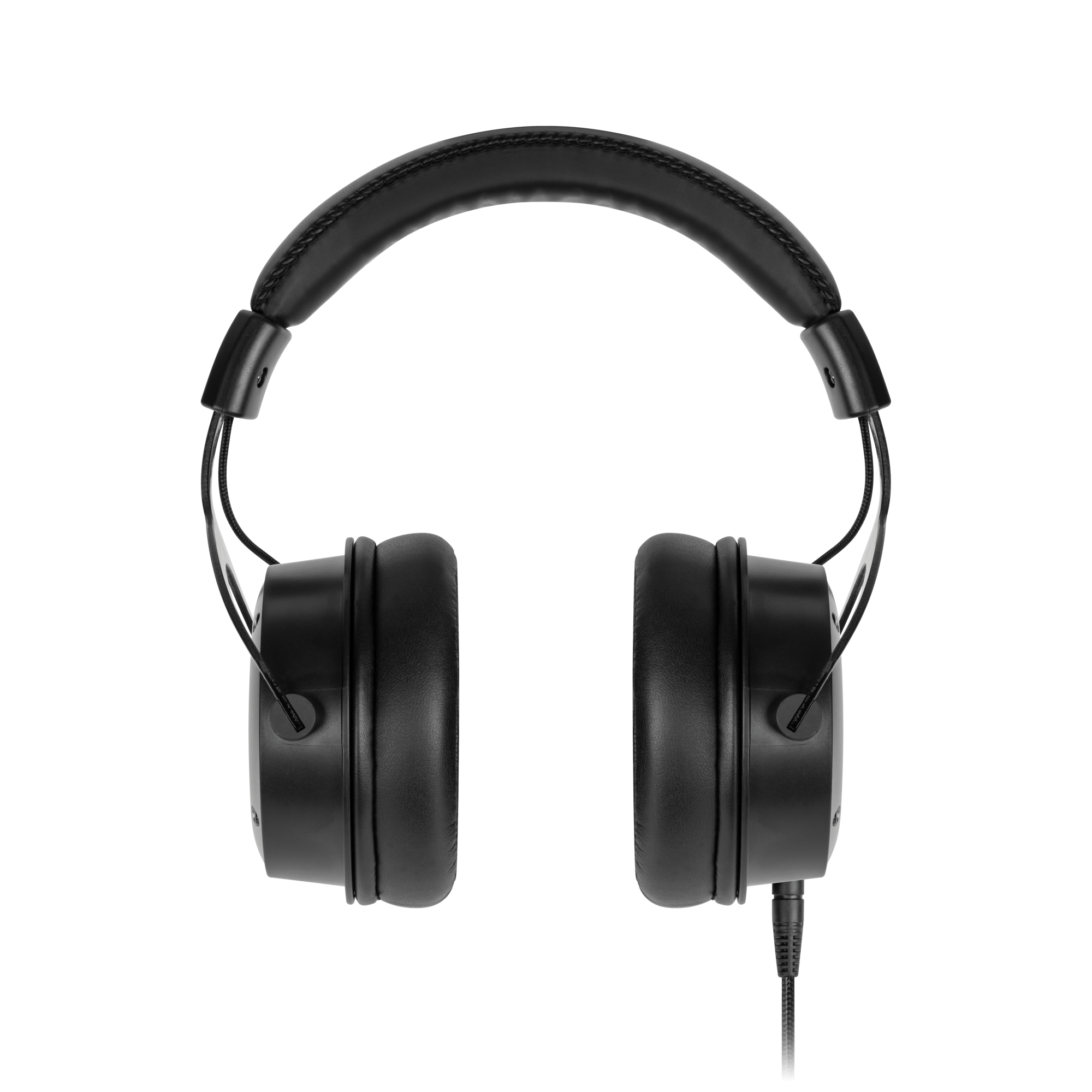 Czarne słuchawki, wyśrodkowane. Wyściełane nauszniki i pałąk. Srebrne ramiona łączą muszle z pałąkiem.