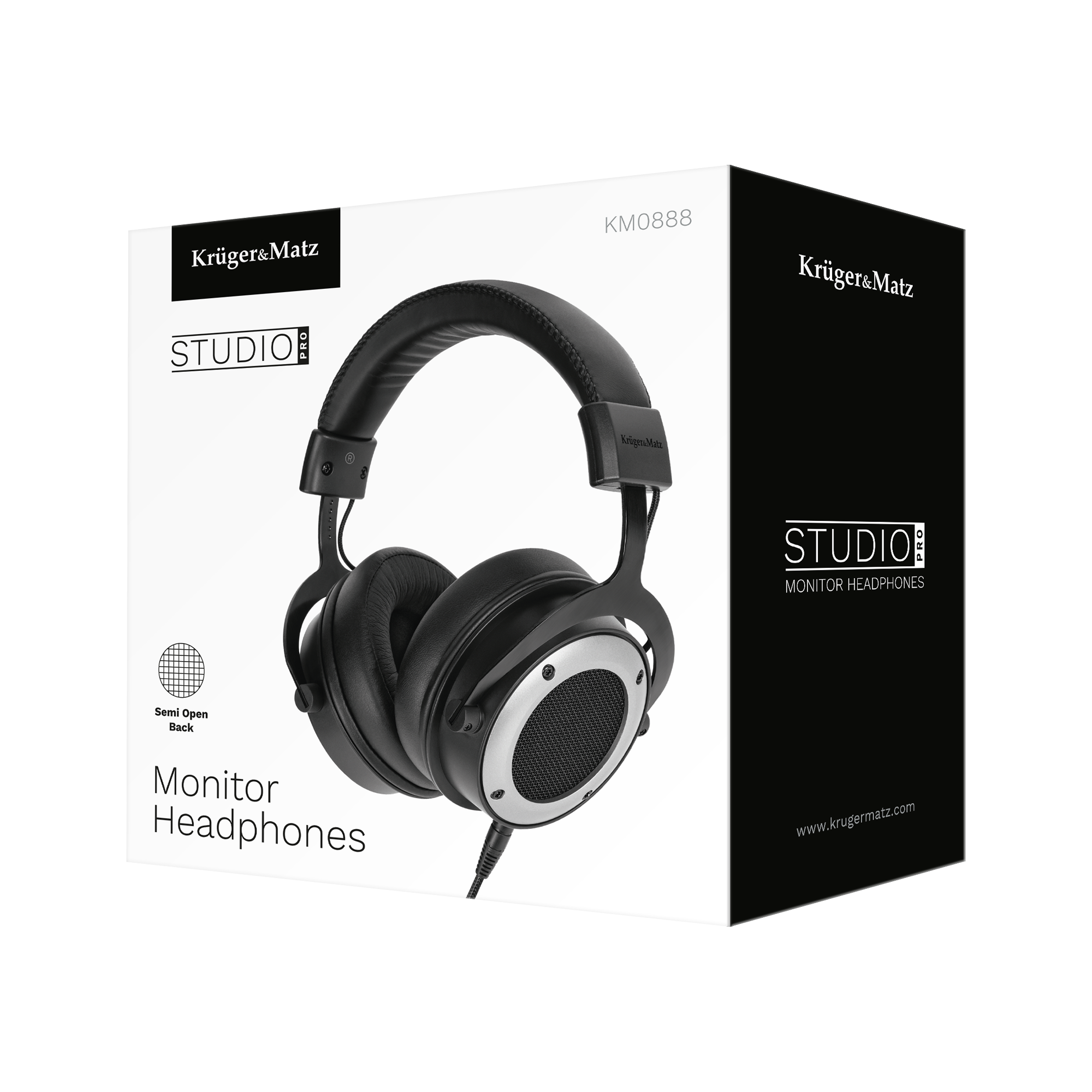 Czarne i srebrne słuchawki monitorowe Krüger&Matz Studio Pro na białym pudełku. Tekst zawiera 'Studio Pro' i 'Monitor Headphones'.