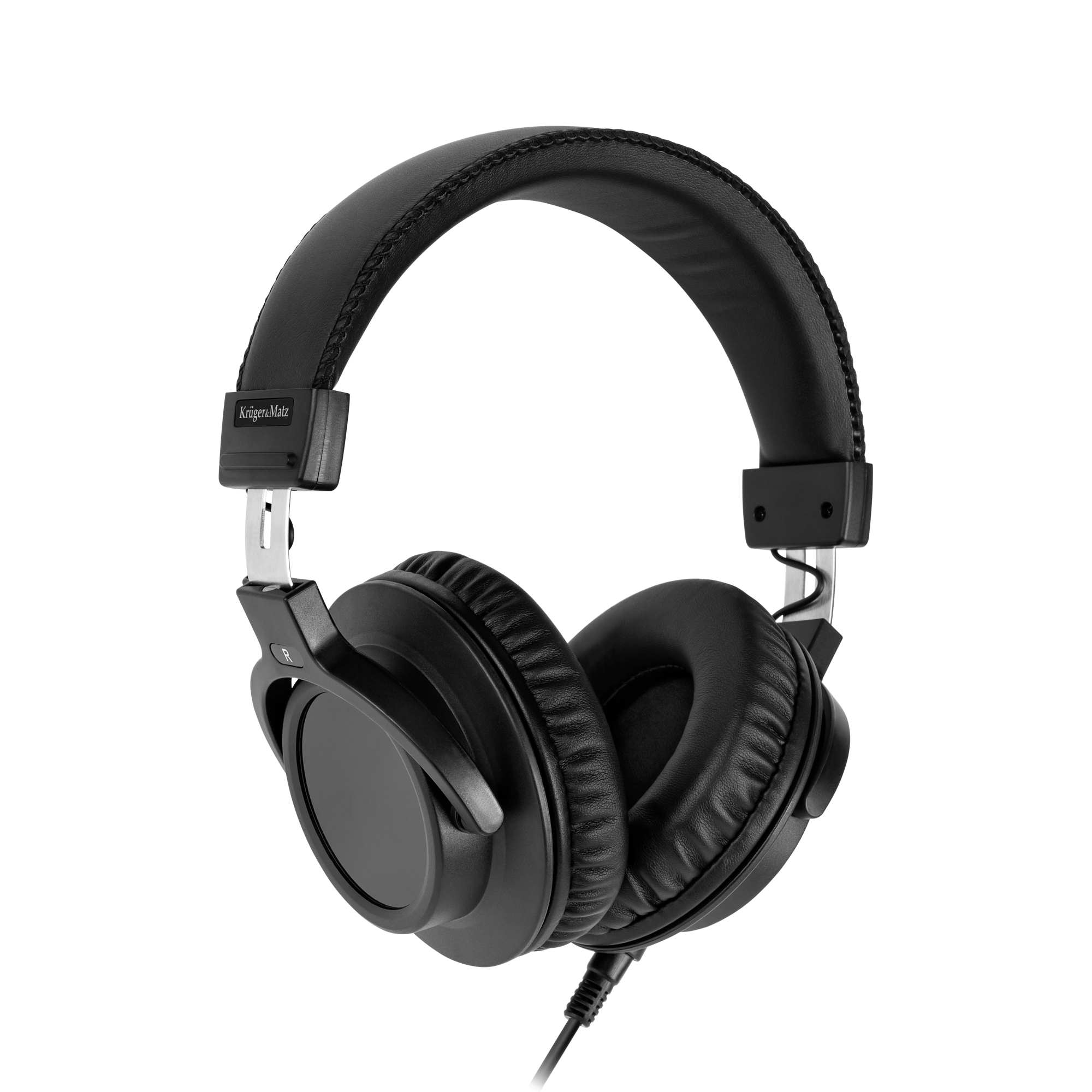 Czarne słuchawki z wyściełanymi nausznikami, pałąkiem i srebrnymi akcentami. Kabel wychodzi z lewej słuchawki.