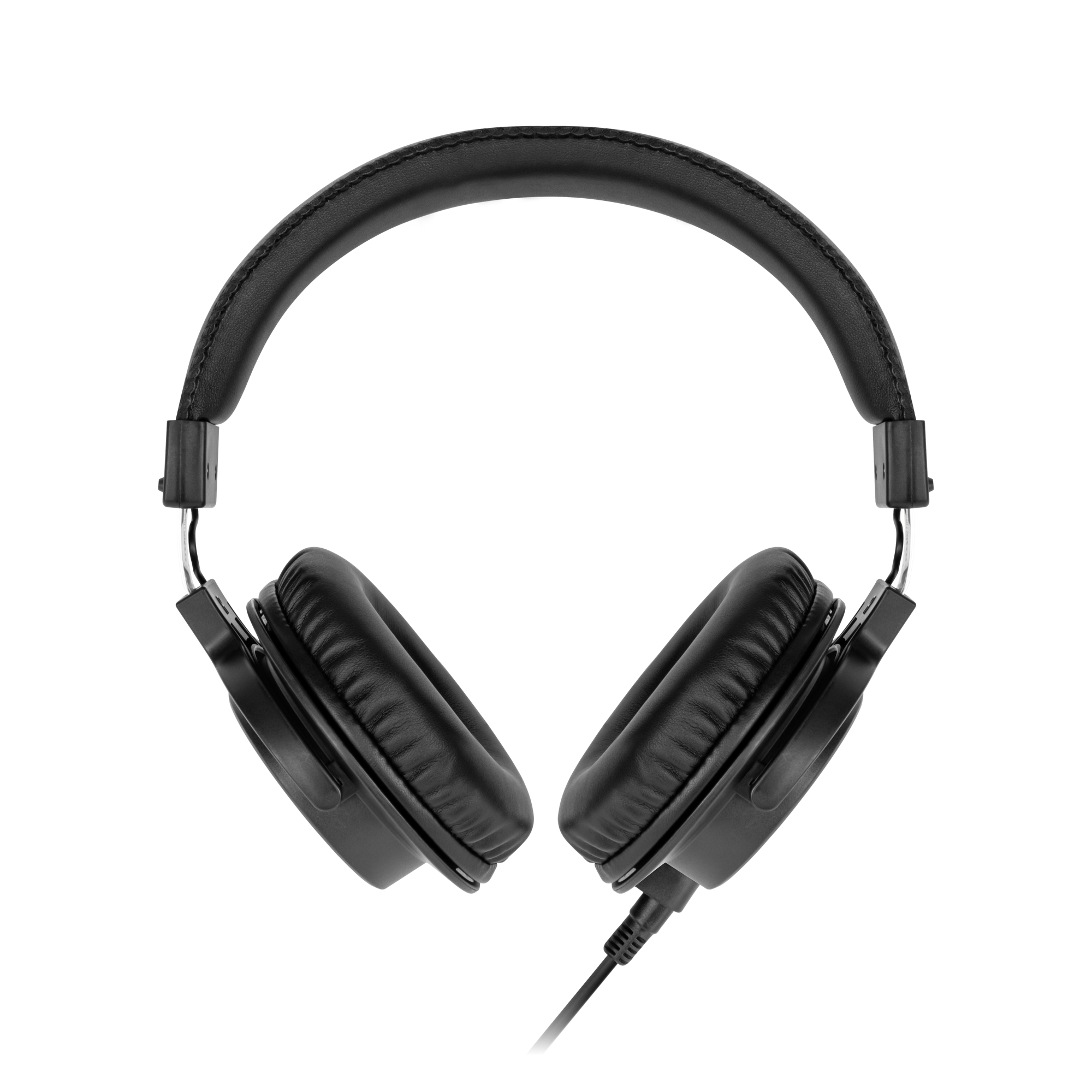 Czarne słuchawki z kablem, wycentrowane na szaro-białym tle w paski. Słuchawki są skórzane.