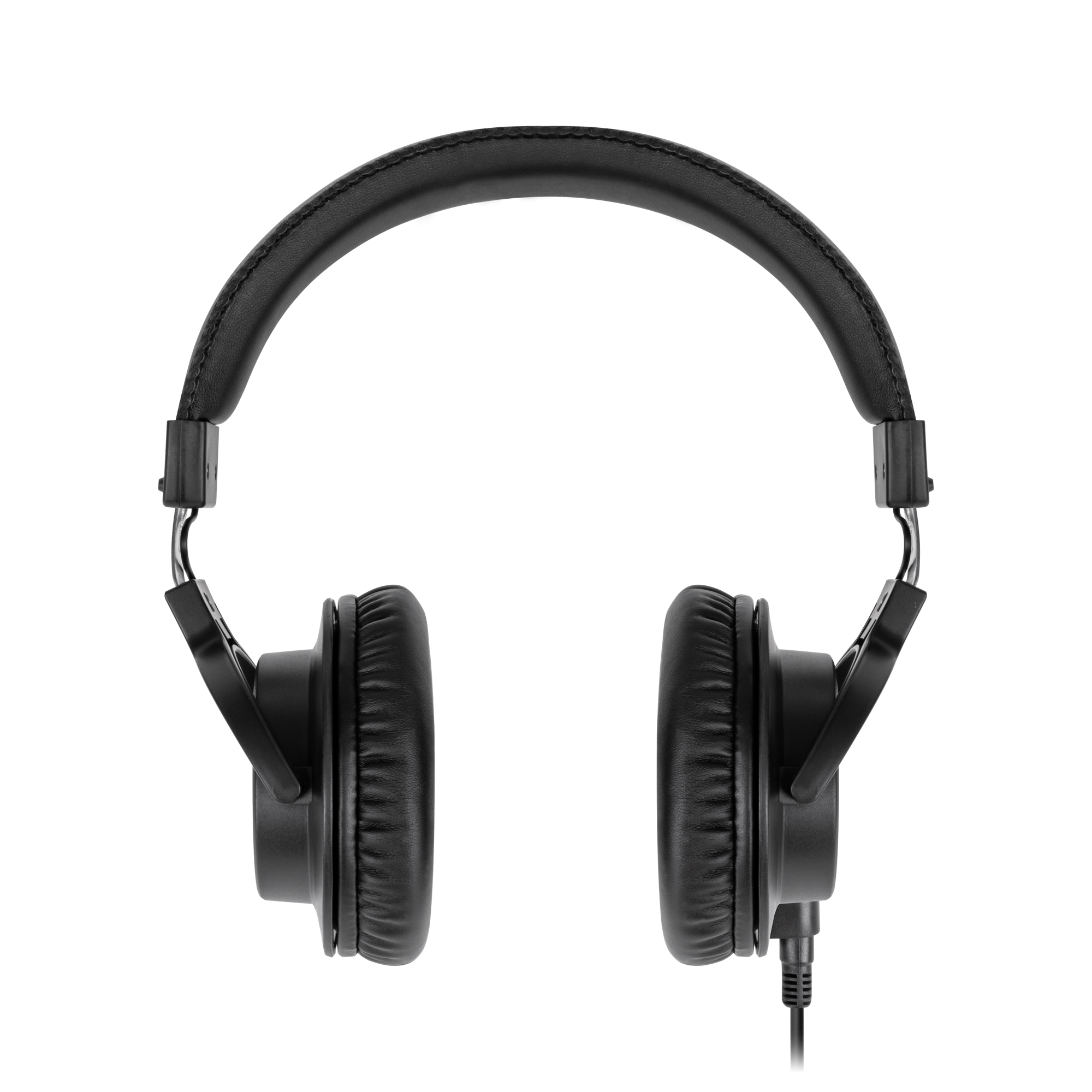 Czarne słuchawki z wyściełanym pałąkiem i nausznikami na szaro-białym pasiastym tle, z kablem.