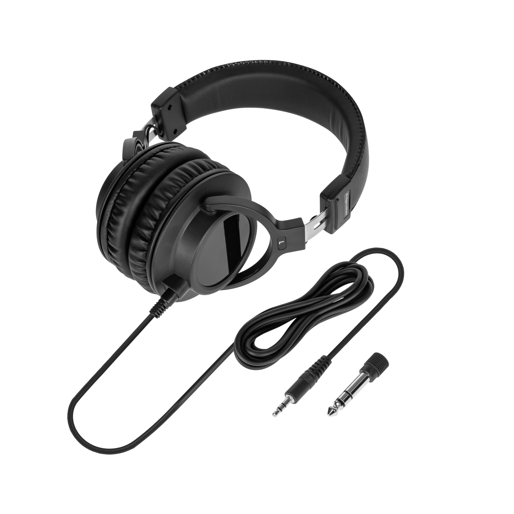 Czarne słuchawki z kablem i dwoma wtyczkami. Słuchawki są nauszne. Tło jest szare i białe.