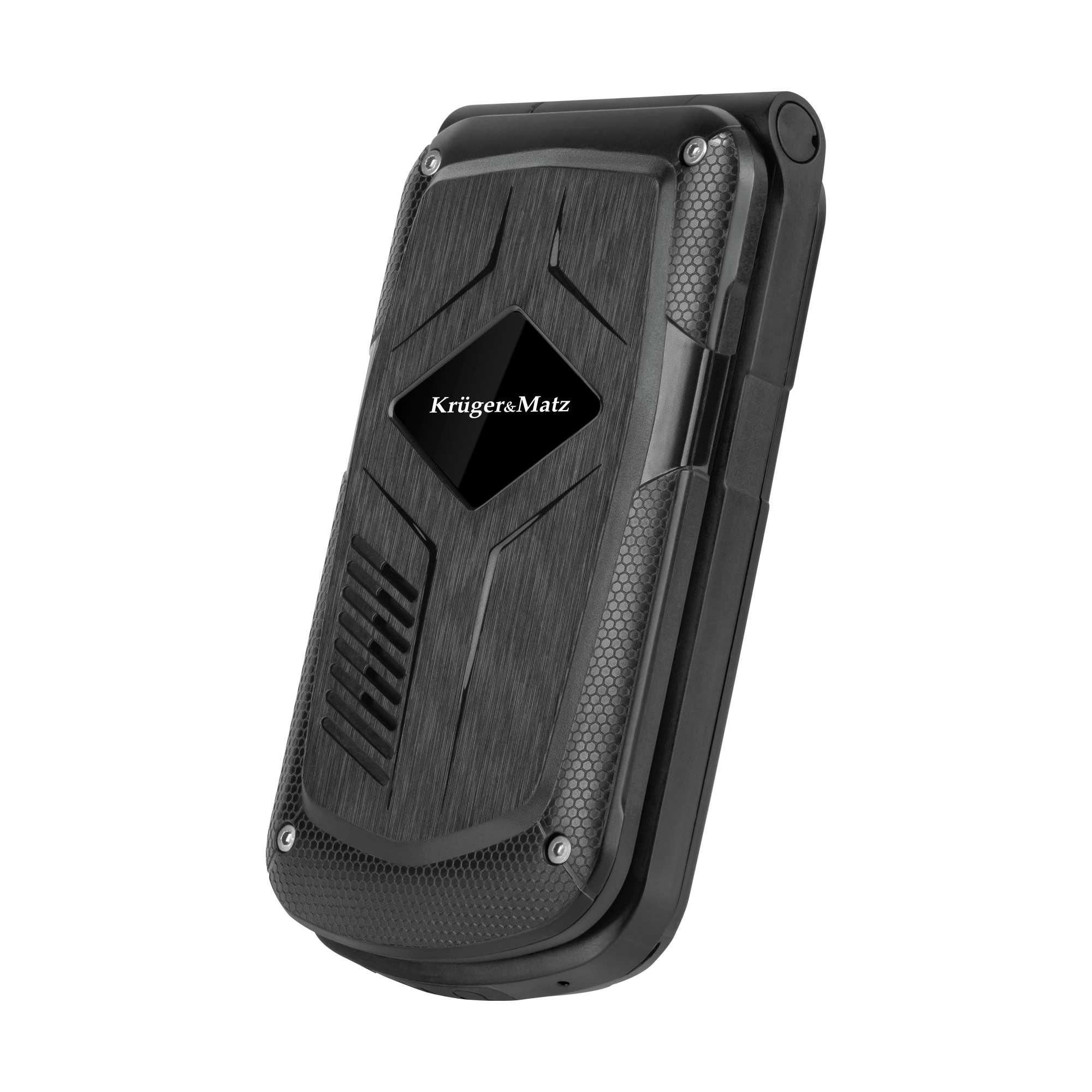 Czarny telefon z klapką o teksturowanym designie, widoczna nazwa marki Krüger & Matz. Leży na białej powierzchni.