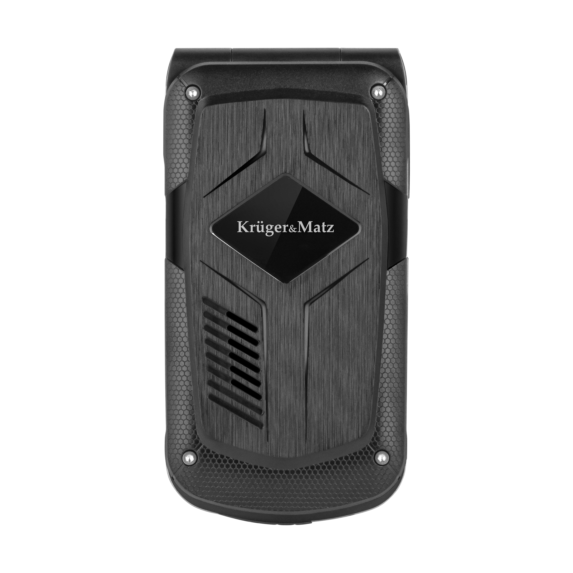 Czarny, wytrzymały smartfon z teksturowanym tyłem. Posiada logo Krüger&Matz i głośnik.