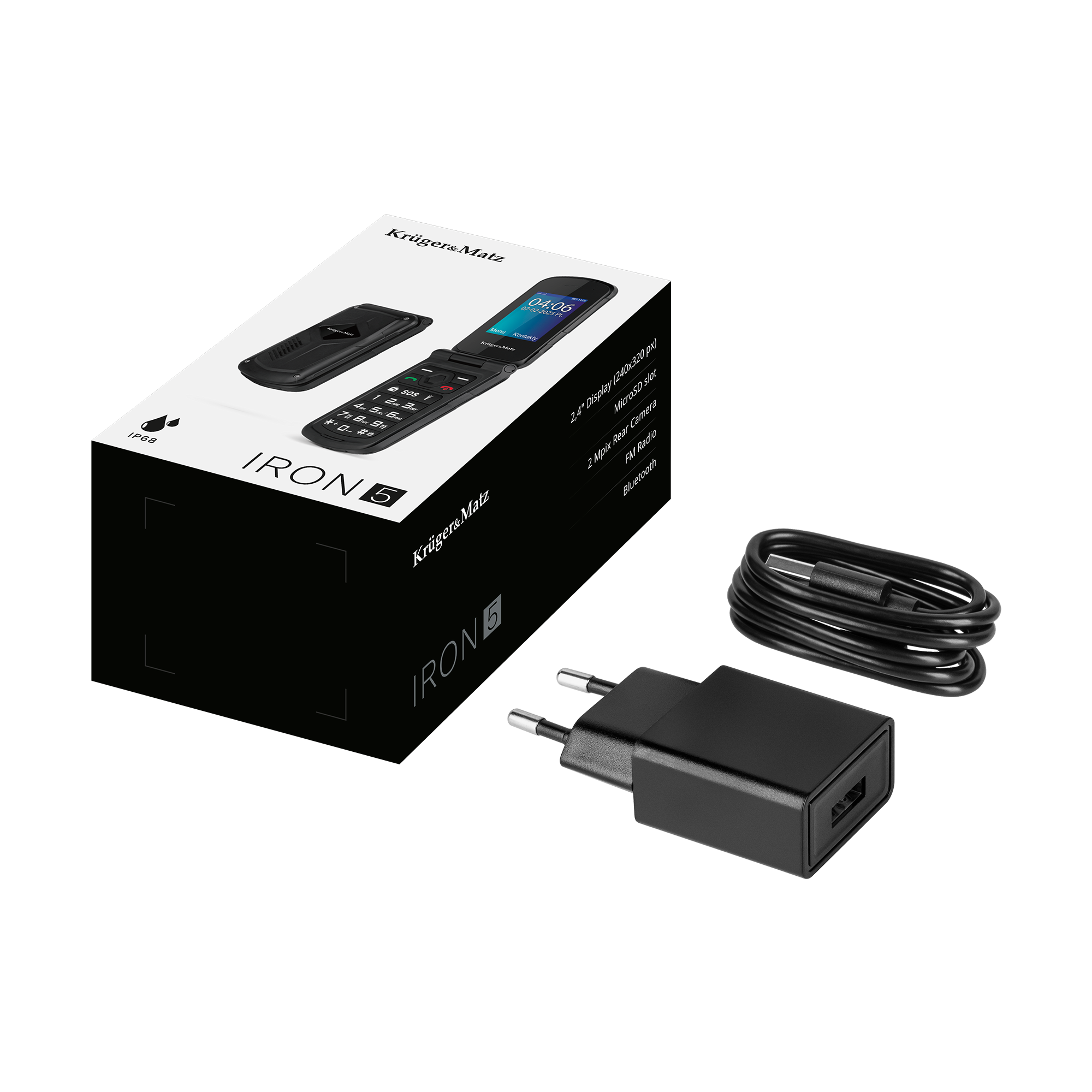 Pudełko na telefon i jego akcesoria. Pudełko przedstawia telefon z klapką i funkcje. Ładowarka, kabel i telefon są czarne.