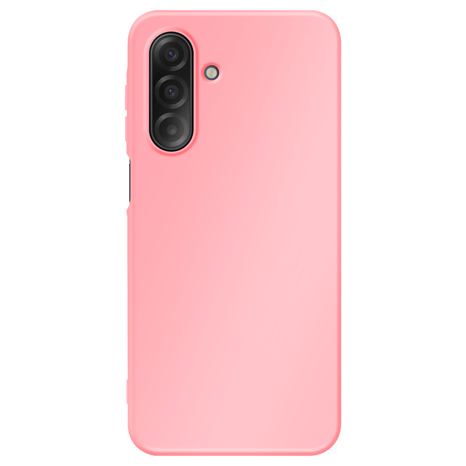 Une coque de téléphone rose avec trois lentilles de caméra et un flash est affichée sur fond blanc.