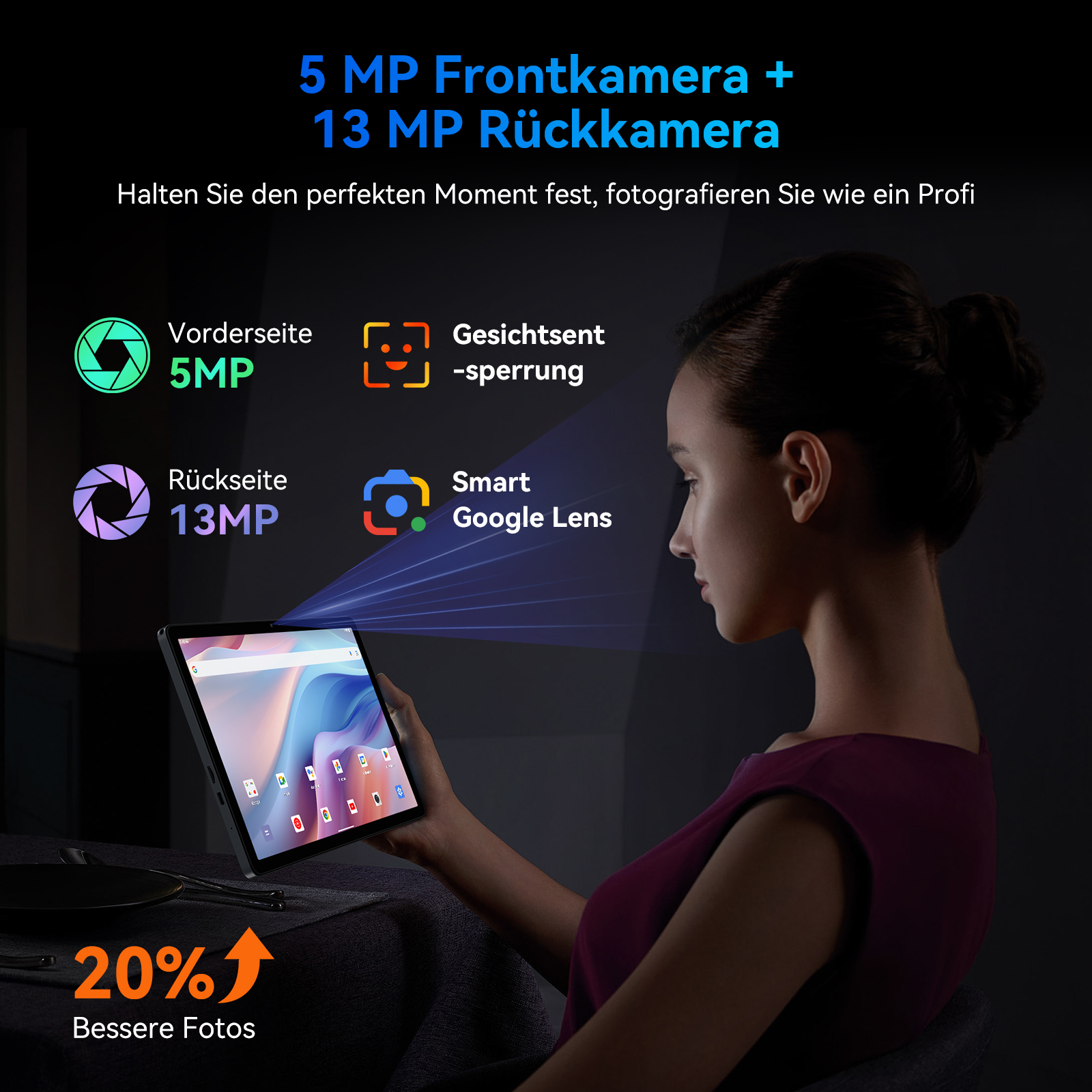Eine Frau hält ein Tablet. Text zeigt 5MP Front- und 13MP Rückkamera. Symbole für Gesichtserkennung und Google Lens sind sichtbar.