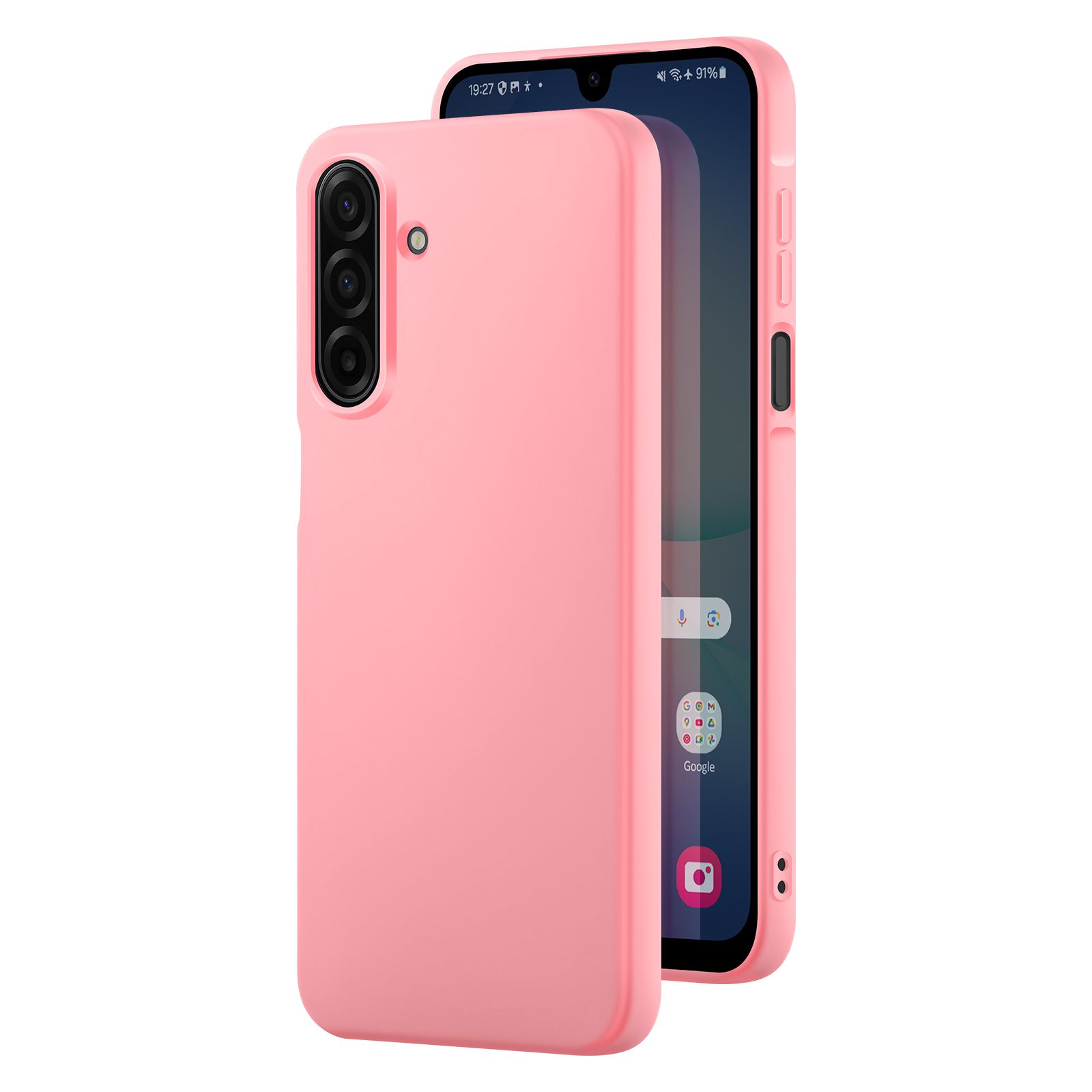 Un téléphone rose dans un étui rose. L'écran affiche des applications. Un ensemble de caméras est visible à l'arrière.
