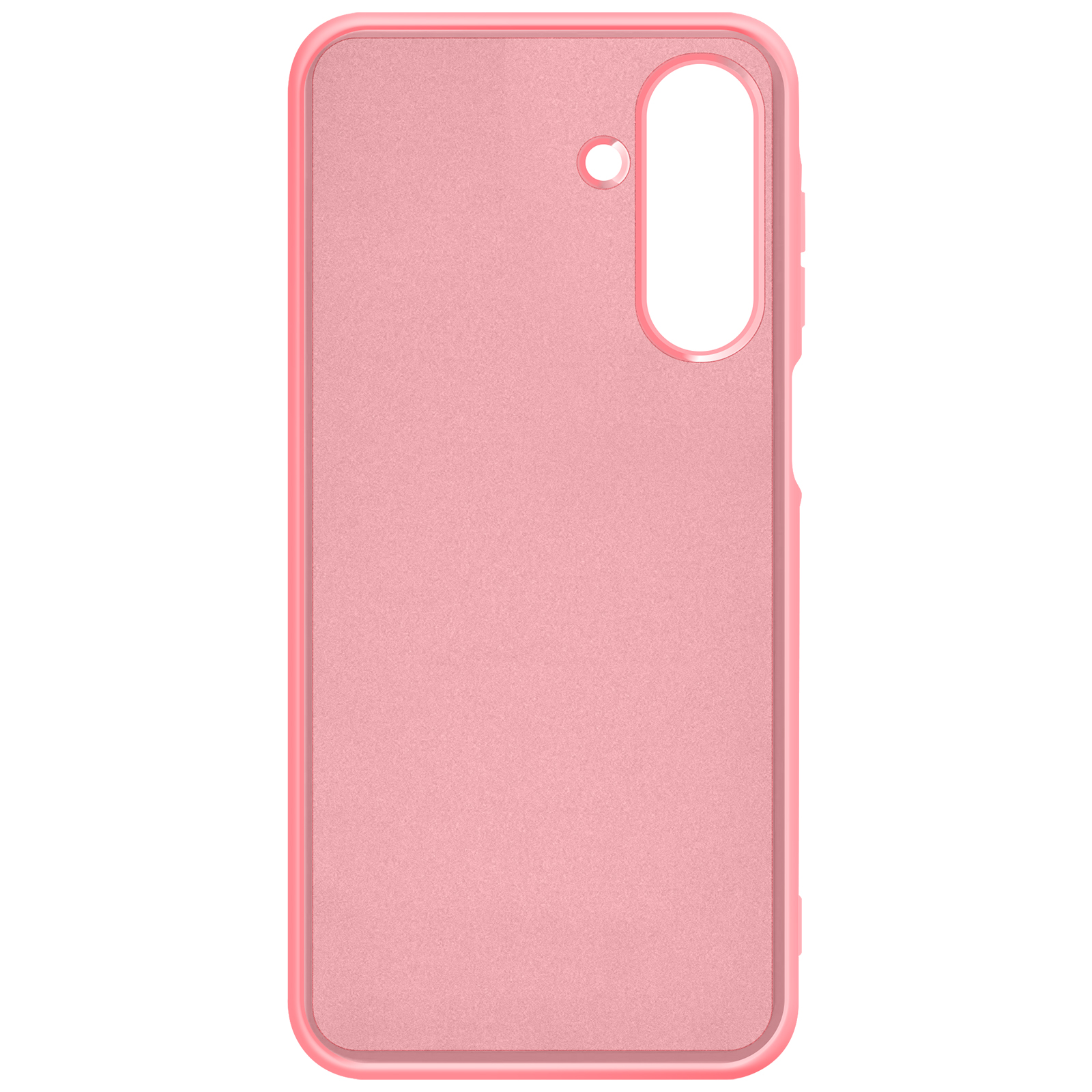 Une coque de téléphone rose avec une découpe caméra et des boutons latéraux. La coque est rose mat.