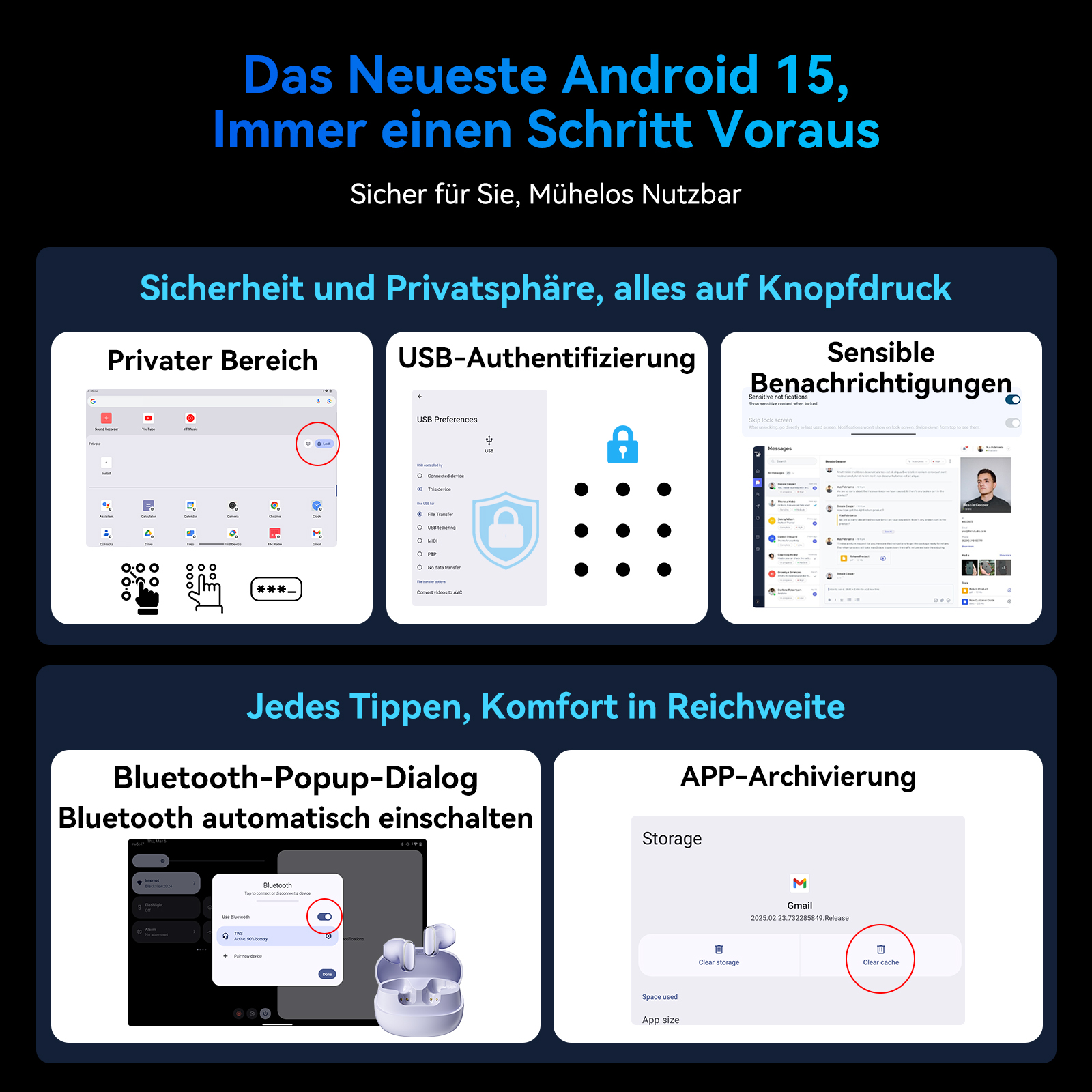 Android 15-Funktionen. Screenshots zeigen Privatsphäre, USB-Einstellungen, Benachrichtigungen, Bluetooth und App-Archivierung.
