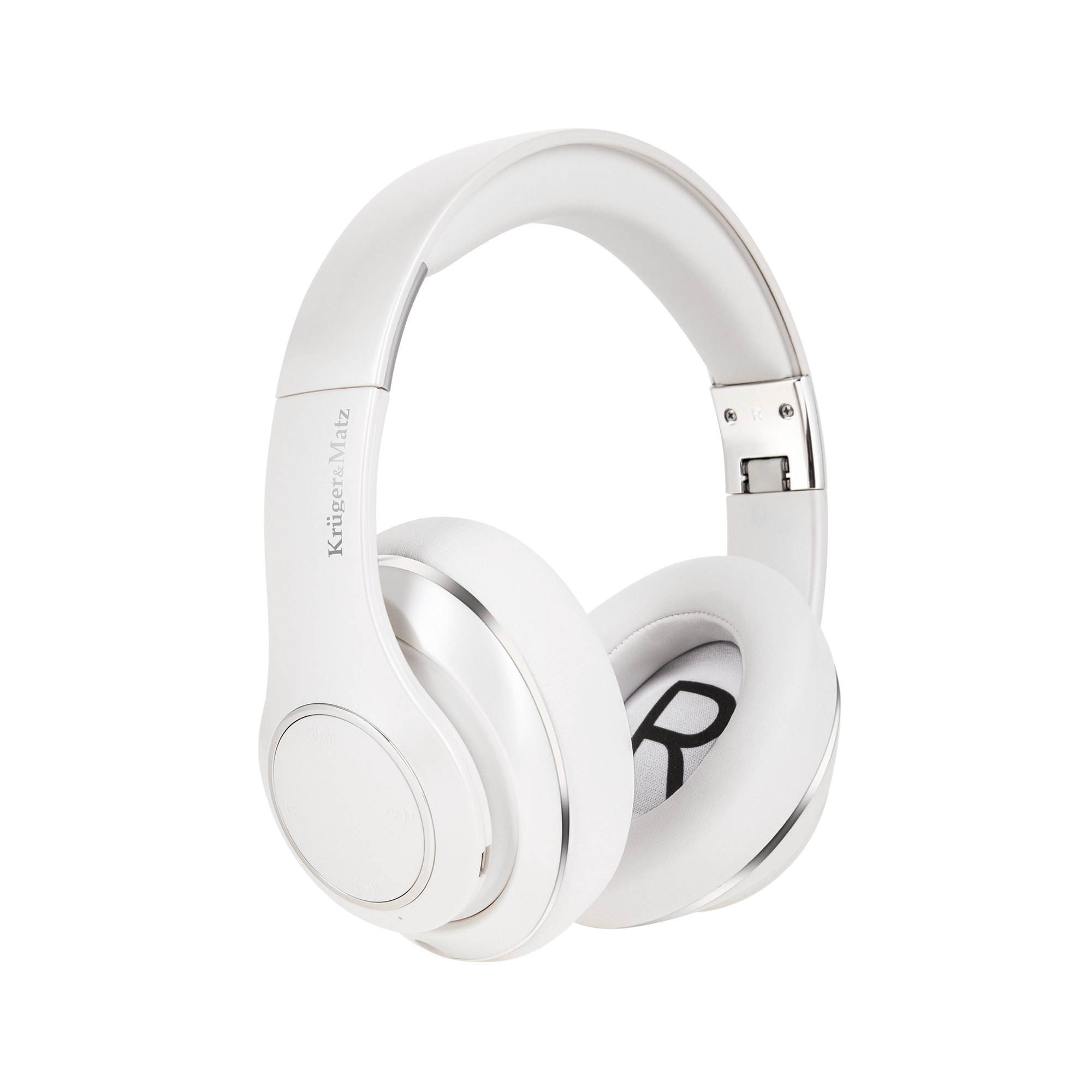 Białe słuchawki Krüger & Matz ze srebrnymi akcentami. Wewnątrz nauszników czarna litera "R". Tło białe.