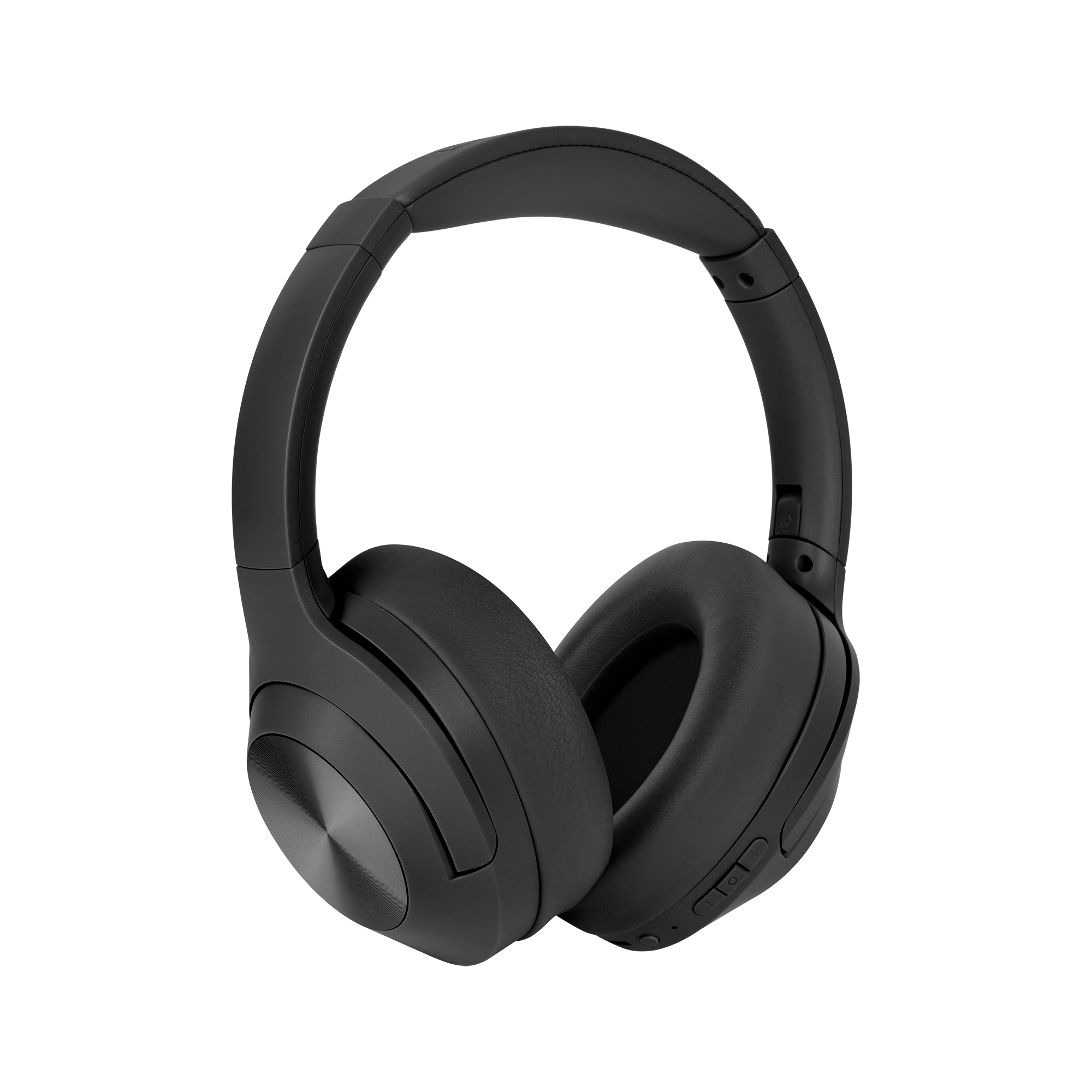 Czarne słuchawki nauszne. Mają duże nauszniki, wyściełany pałąk i przyciski sterowania na prawym nauszniku.