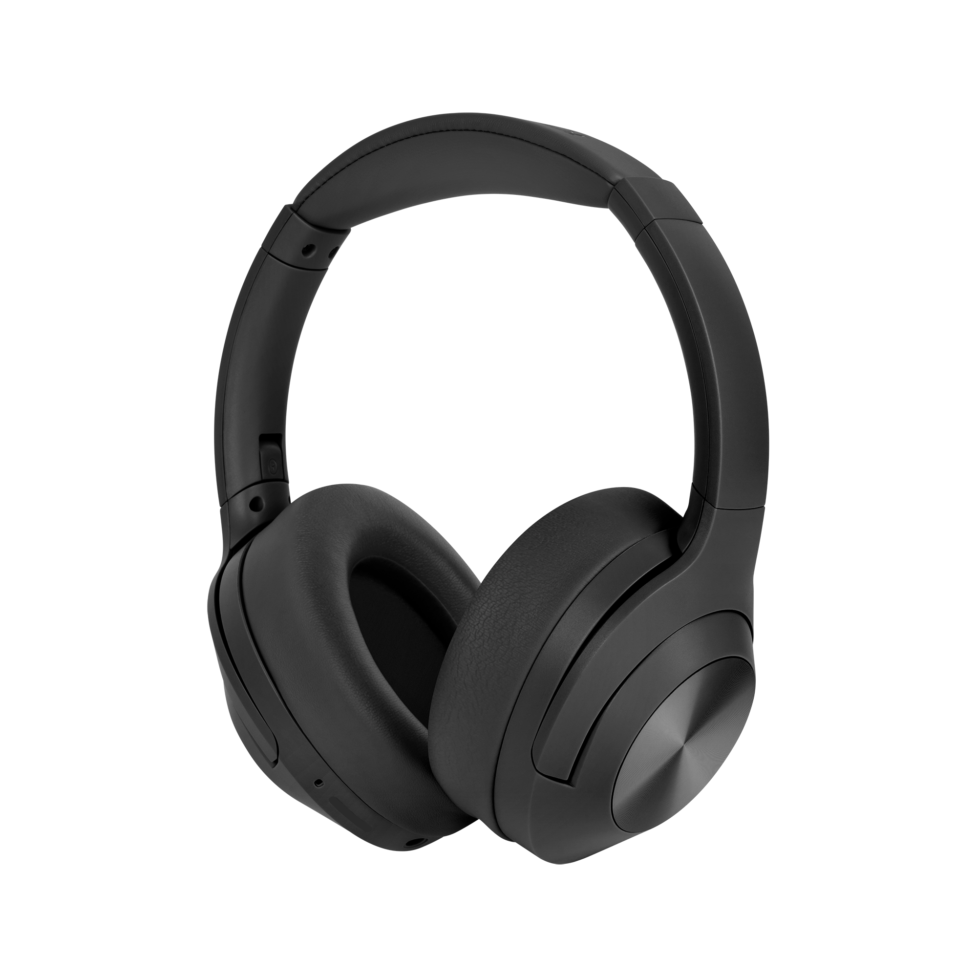 Czarne słuchawki na szarym tle. Słuchawki mają duże nauszniki i wyściełany pałąk.