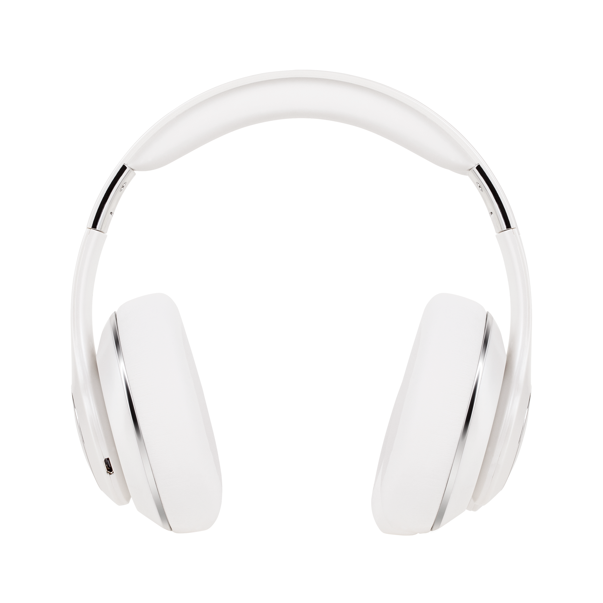 Białe słuchawki ze srebrnymi akcentami. Pałąk i nauszniki są białe. Tło jest białe.