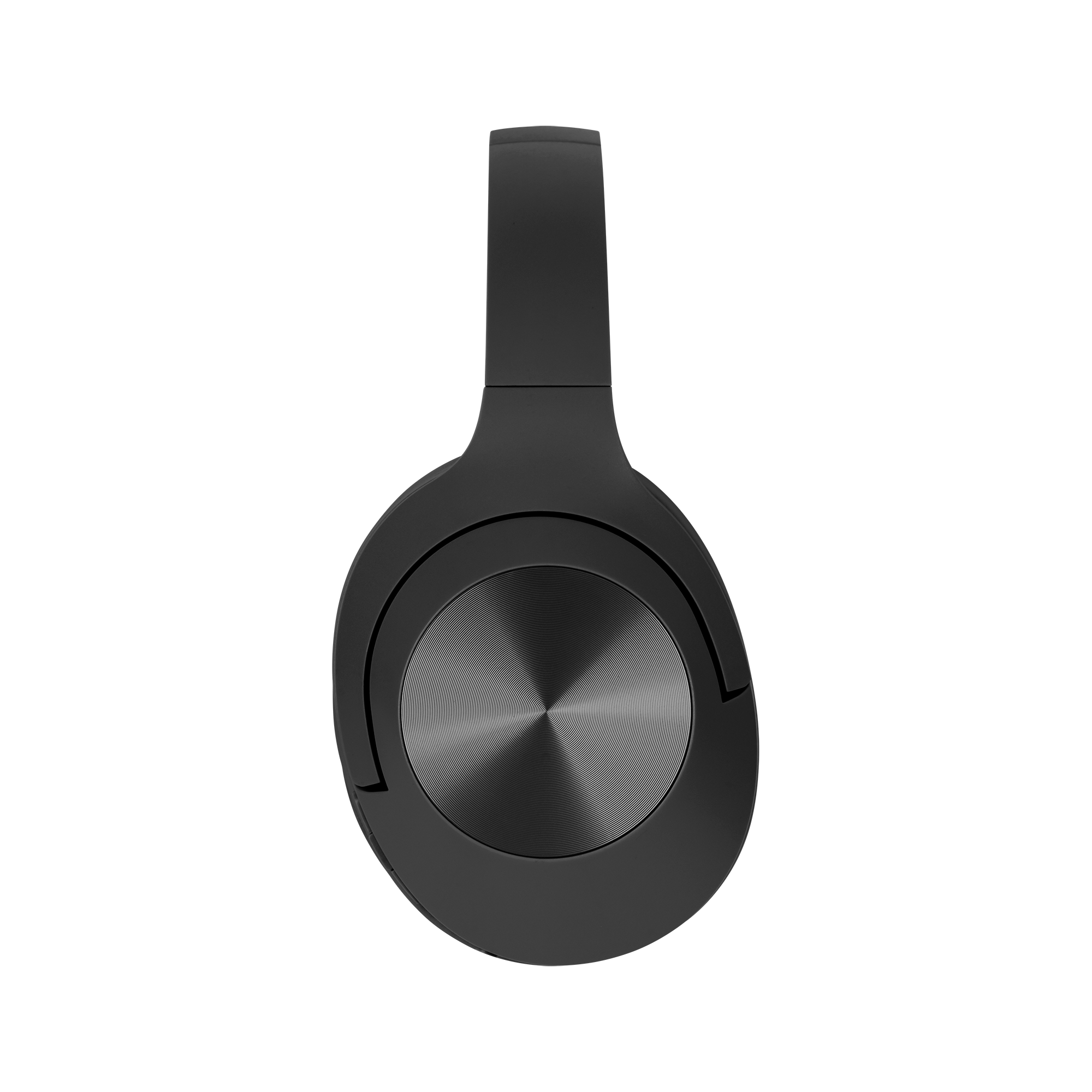 Czarne słuchawki, symetryczny design. Muszle mają okrągły, teksturowany środek. Pałąk łączy muszle.