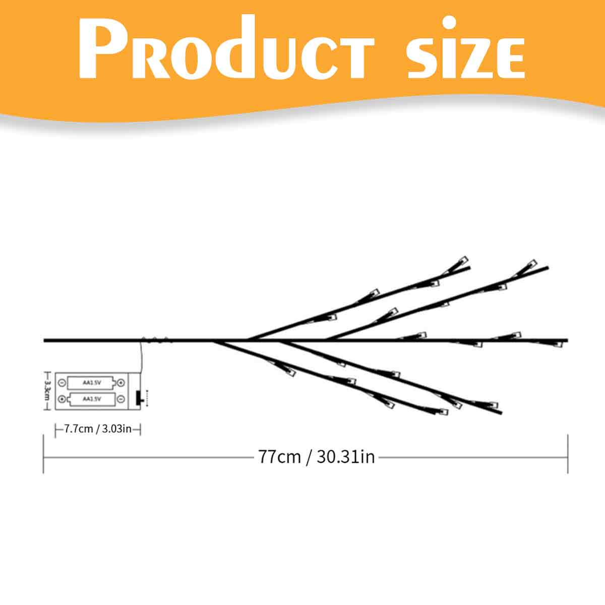 Produktgrößendiagramm. Schwarze baumartige Äste mit Lichtern. Abmessungen: 77cm/30,31in. Batteriefachdetails: 7,7cm/3,03in.