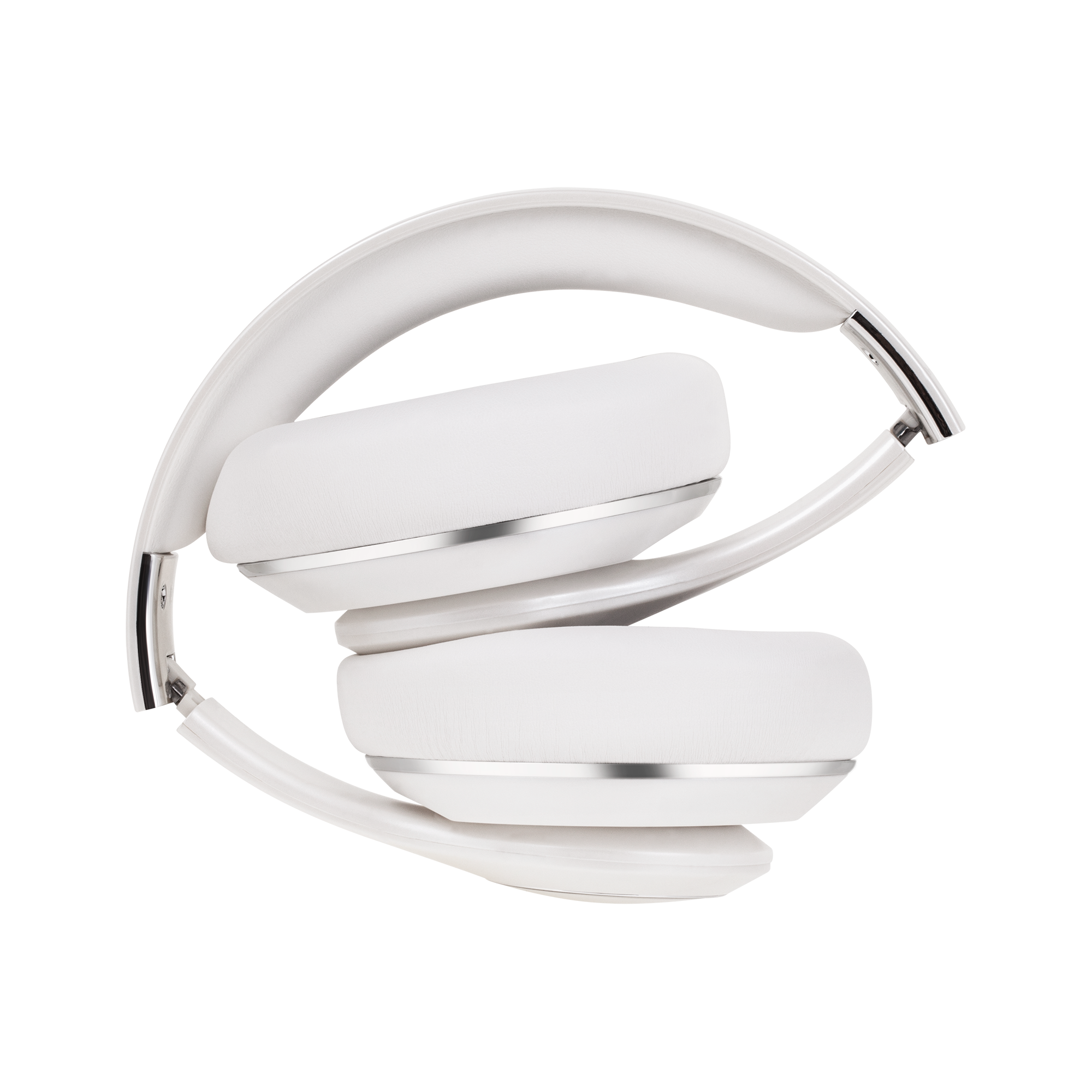 Białe słuchawki ze srebrnymi akcentami są złożone. Nauszniki są duże i wyściełane. Tło to gradient.