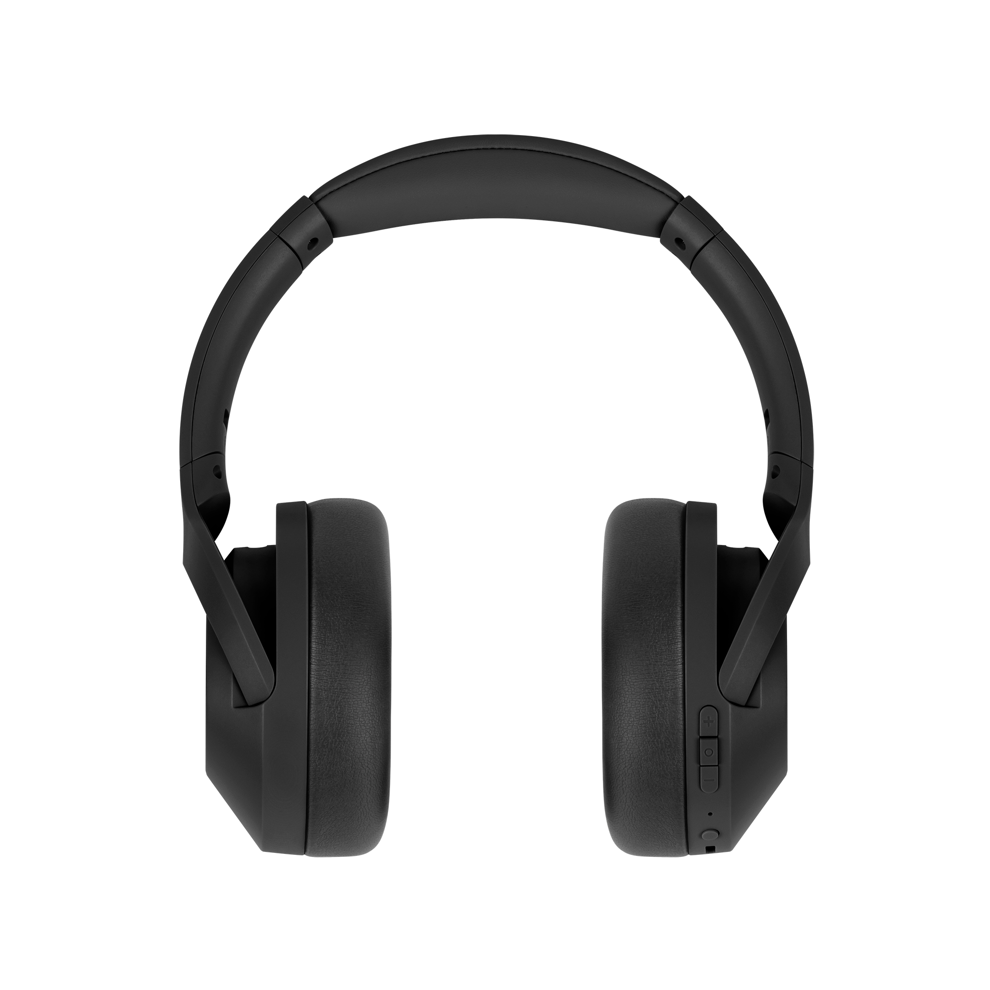 Czarne słuchawki nauszne. Pałąk nagłowny wygina się u góry, z nausznikami po każdej stronie. Przyciski są widoczne na prawym nauszniku.