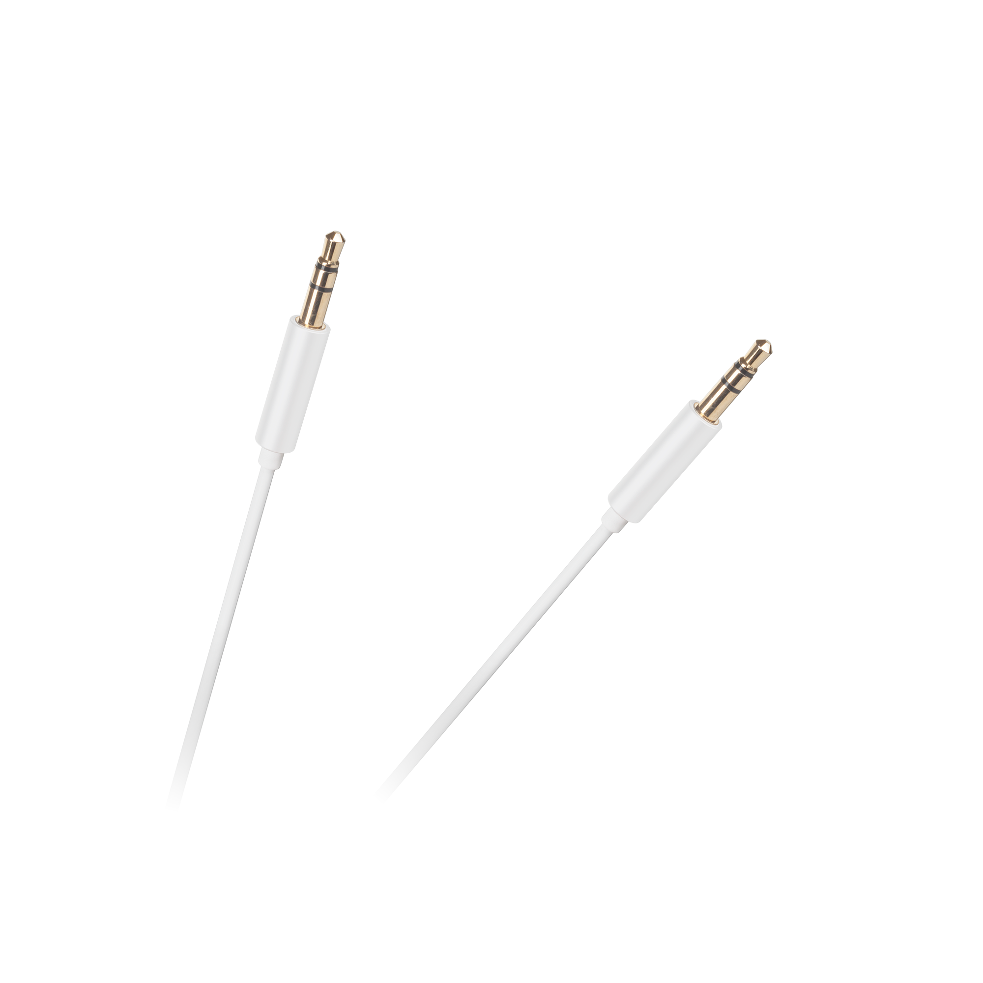 Dwa białe kable audio ze złotymi wtyczkami na szaro-białym tle. Kable są pod kątem, wtyczki skierowane w różne strony.