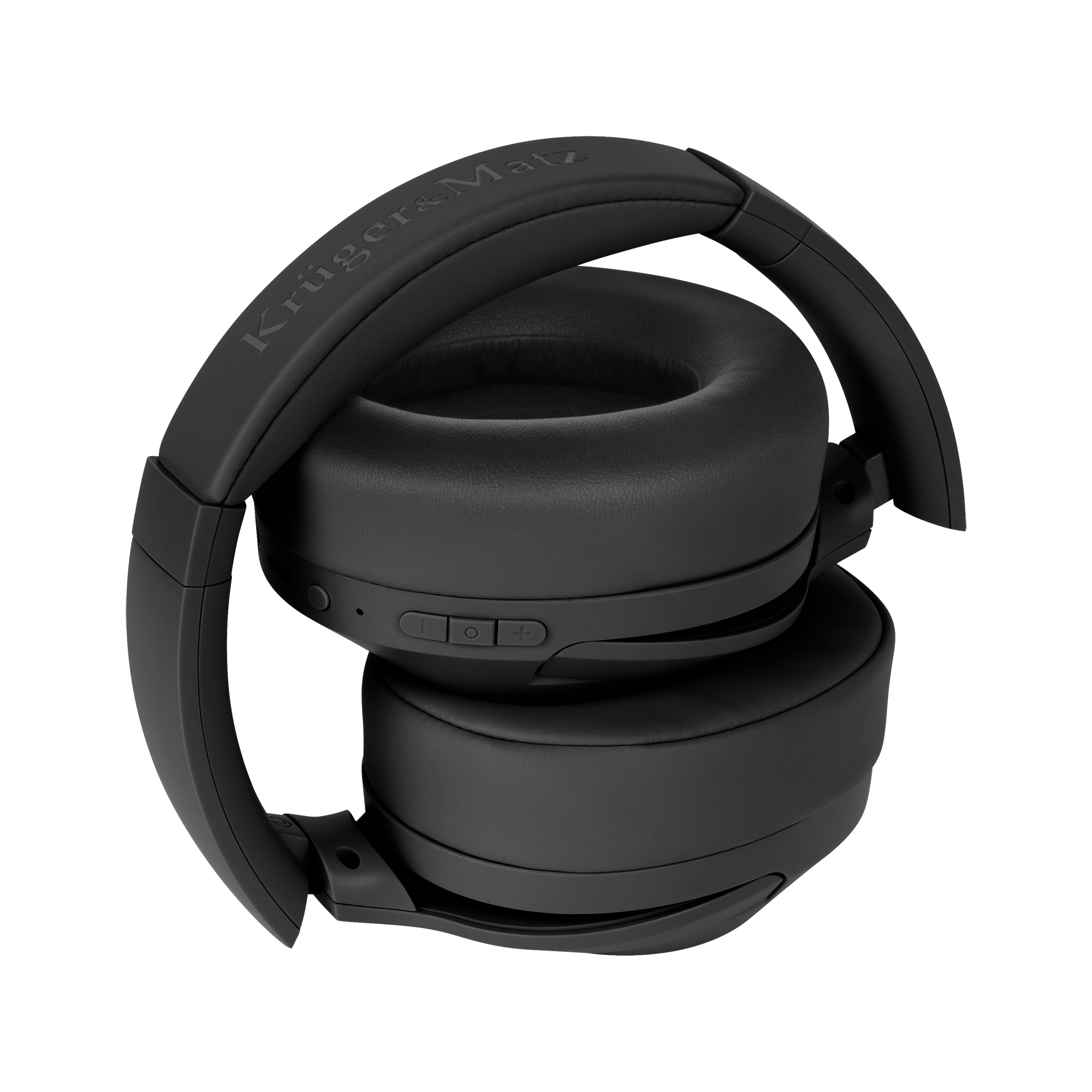 Czarne słuchawki Krüger&Matz złożone. Widoczne nauszniki i pałąk. Widoczne są również przyciski sterowania.
