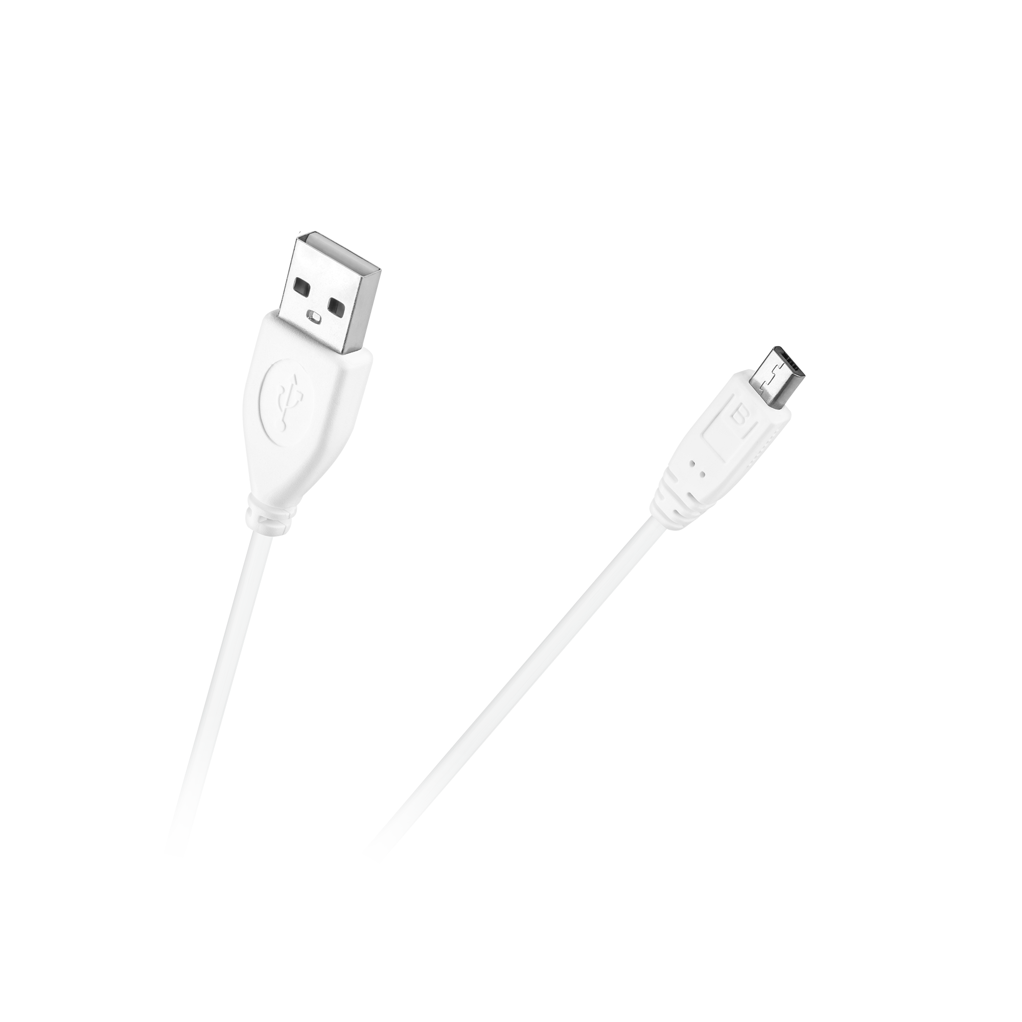 Biały kabel USB ze złączami USB-A i micro-USB. Kabel znajduje się na białym tle.