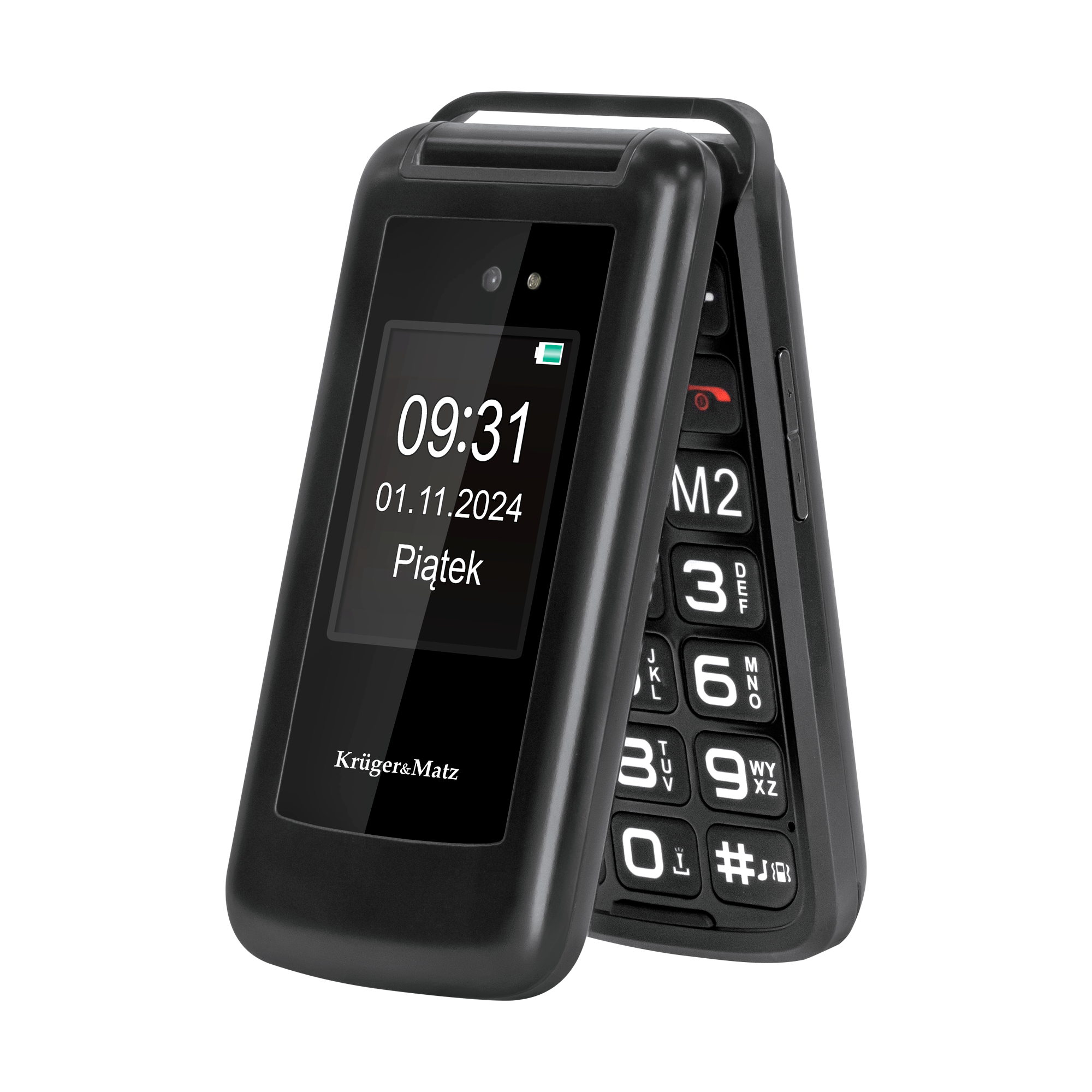 Czarny telefon klapkowy jest otwarty, wyświetlając godzinę, datę i 'Piątek'. Marka to 'Krüger&Matz'.