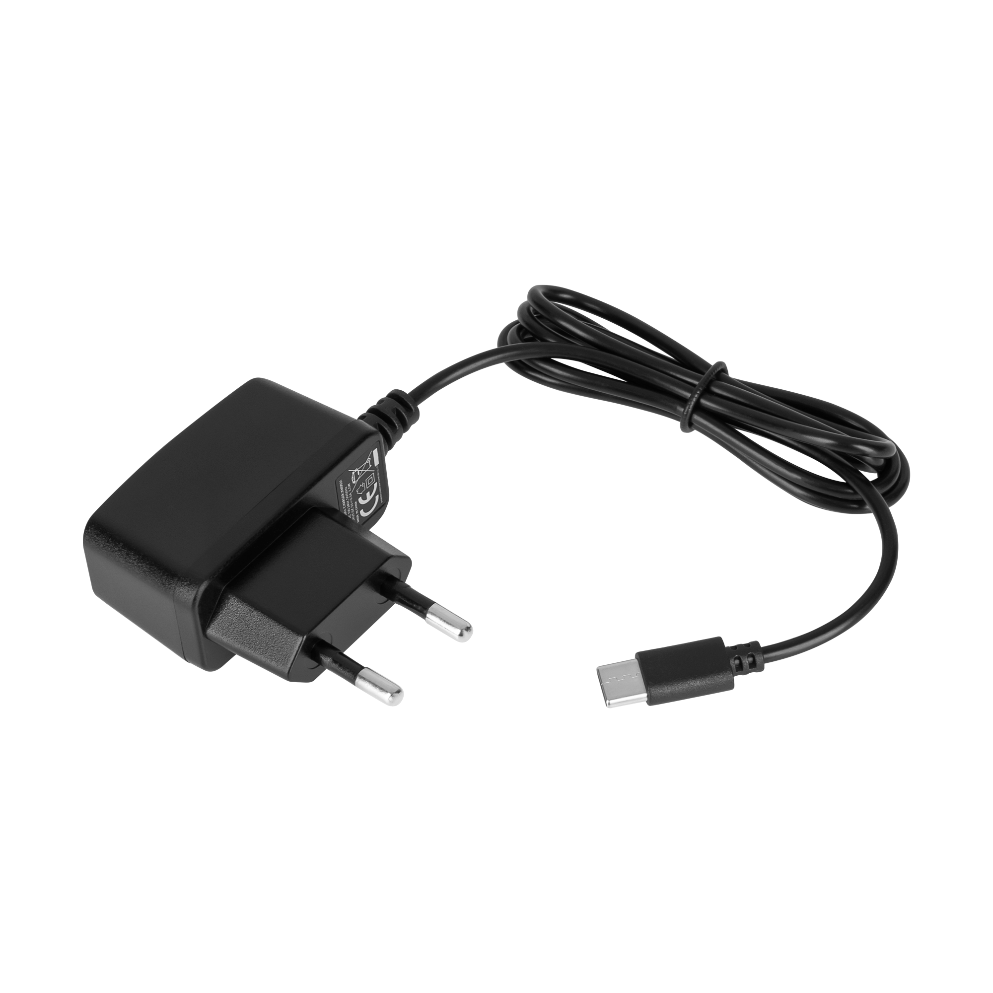 Czarna ładowarka do telefonu z wtyczką dwupinową i złączem USB-C, leżąca na białej powierzchni.