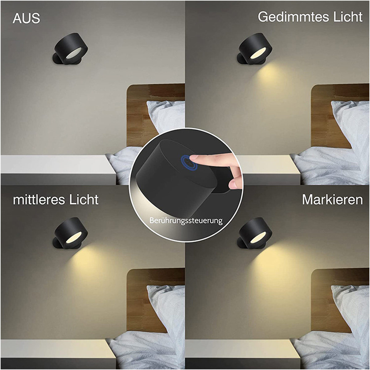 Eine schwarze Nachttischlampe mit verschiedenen Lichteinstellungen: aus, gedimmt, mittel und Highlight. Berührungssteuerung.