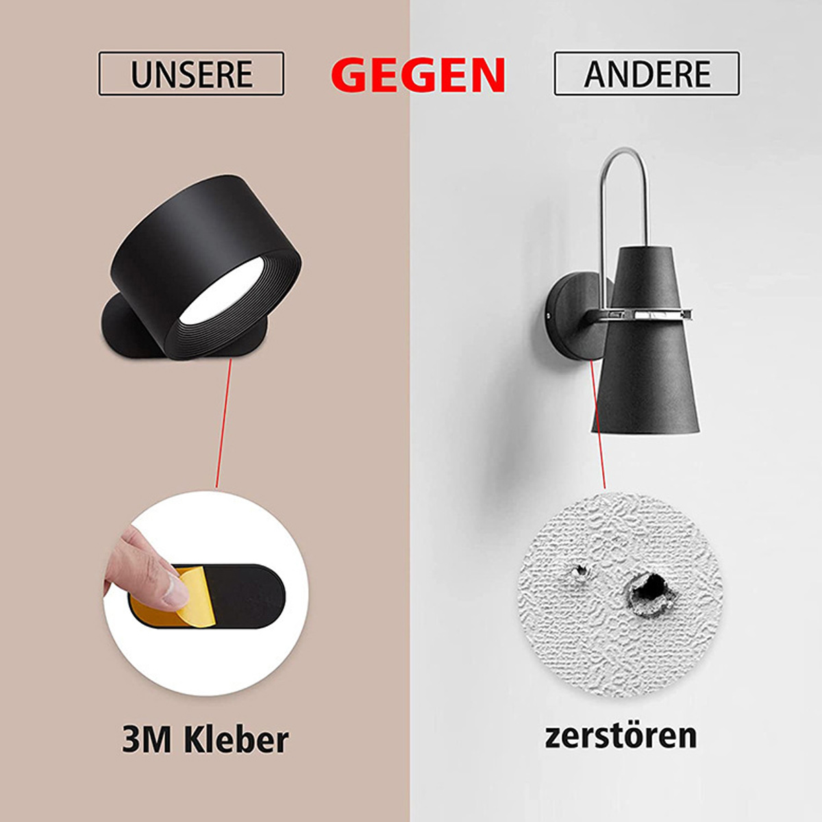 Vergleich mit zwei schwarzen Lampen, eine mit Klebstoff, die andere mit Loch in der Wand. Text: 'Unsere' vs 'Andere'.