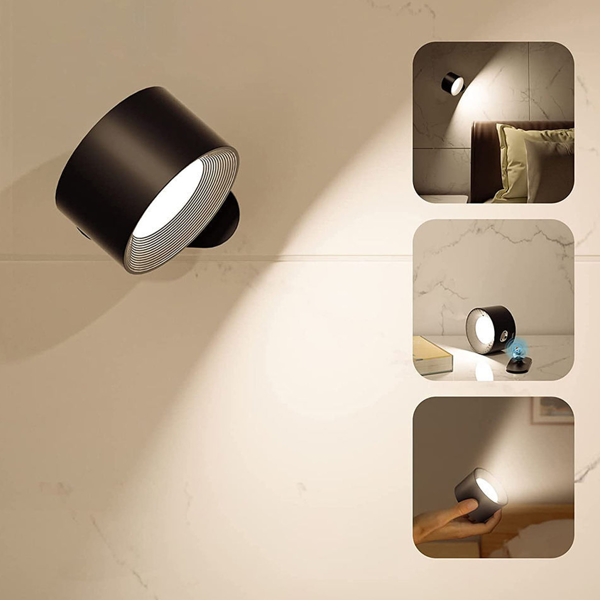 Schwarze zylindrische Leuchte an einer Wand. Drei kleinere Bilder zeigen das Licht in verschiedenen Umgebungen: Schlafzimmer und Tischplatte.