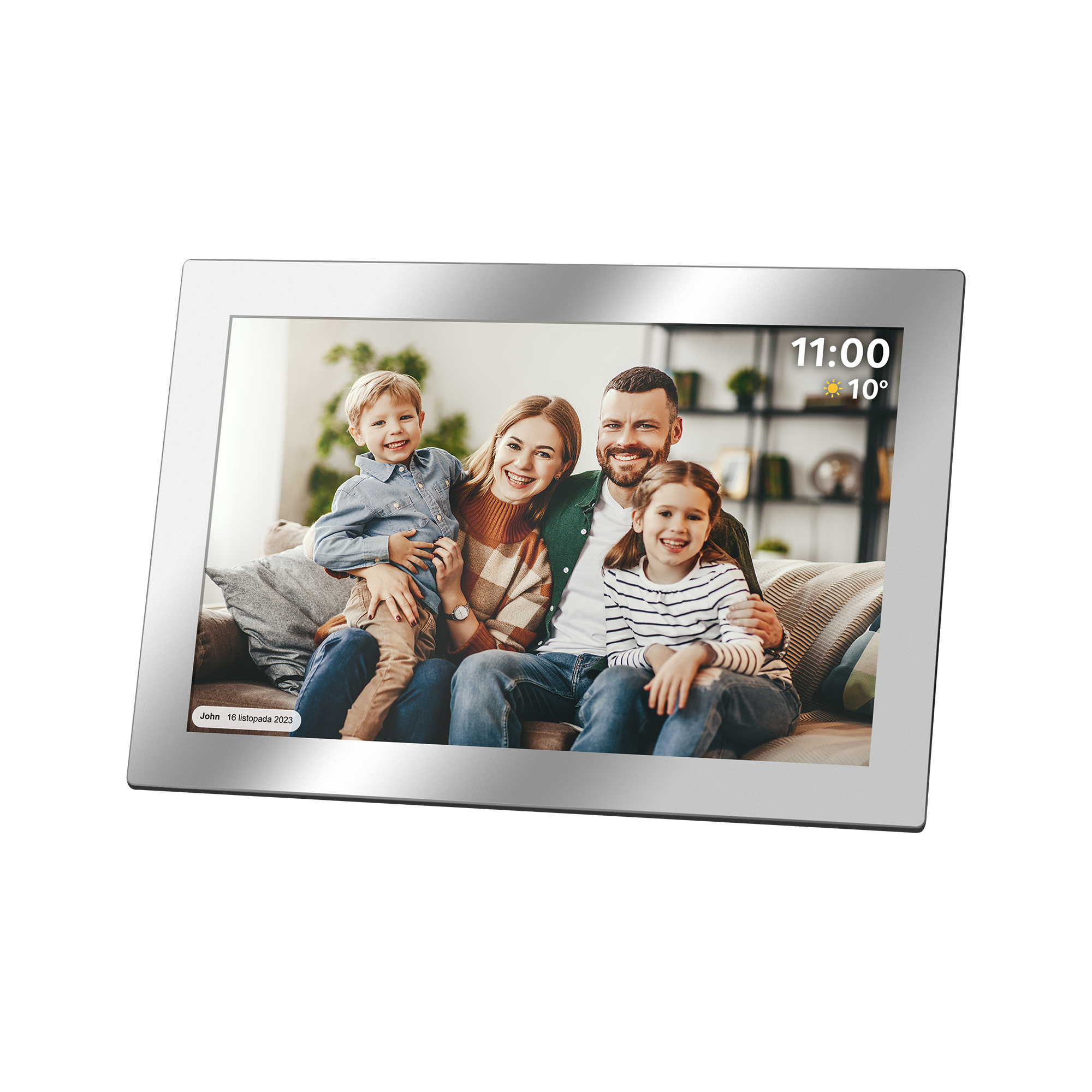 Portret rodziny na cyfrowej ramce. Rodzice i dwoje dzieci uśmiechnięci. Wyświetlanie czasu i temperatury na górze.