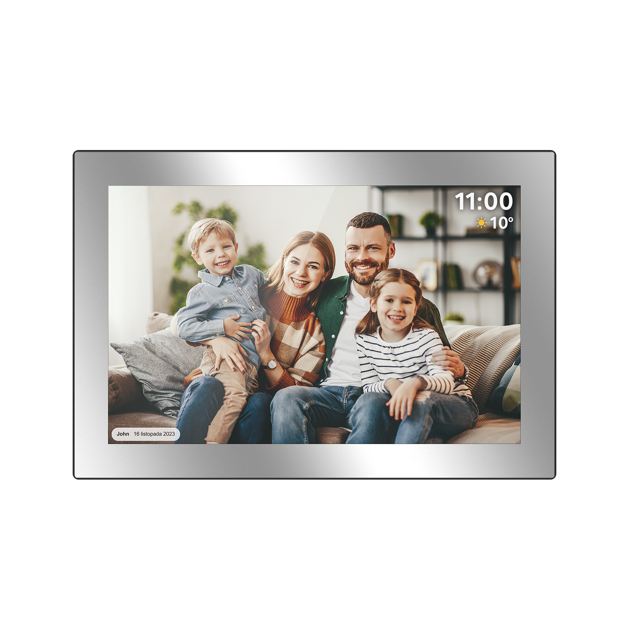 Portret rodziny w cyfrowej ramce. Dwoje rodziców i dwoje dzieci uśmiechniętych. Czas i data są wyświetlane.