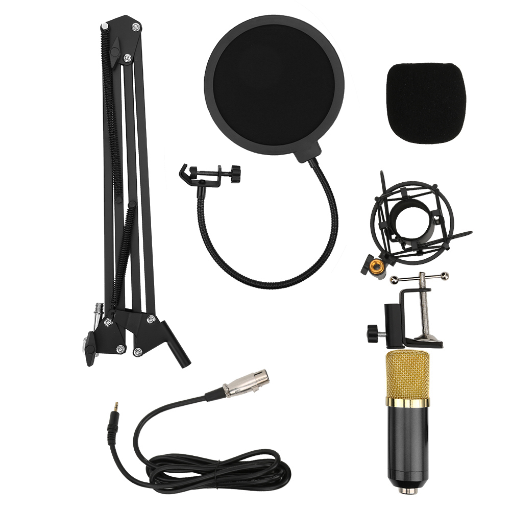 Mikrofon-Set. Enthält Ständer, Pop-Filter, Stoßdämpfer, Windschutz und Mikrofon. Schwarze und goldene Farben dominieren.