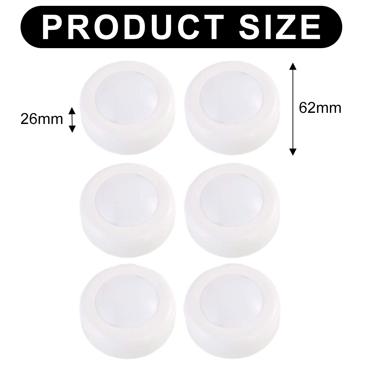 Sechs weiße, runde LED-Leuchten werden angezeigt. Der Text oben lautet 'PRODUCT SIZE'. Abmessungen: 26 mm und 62 mm sind mit Pfeilen angegeben.