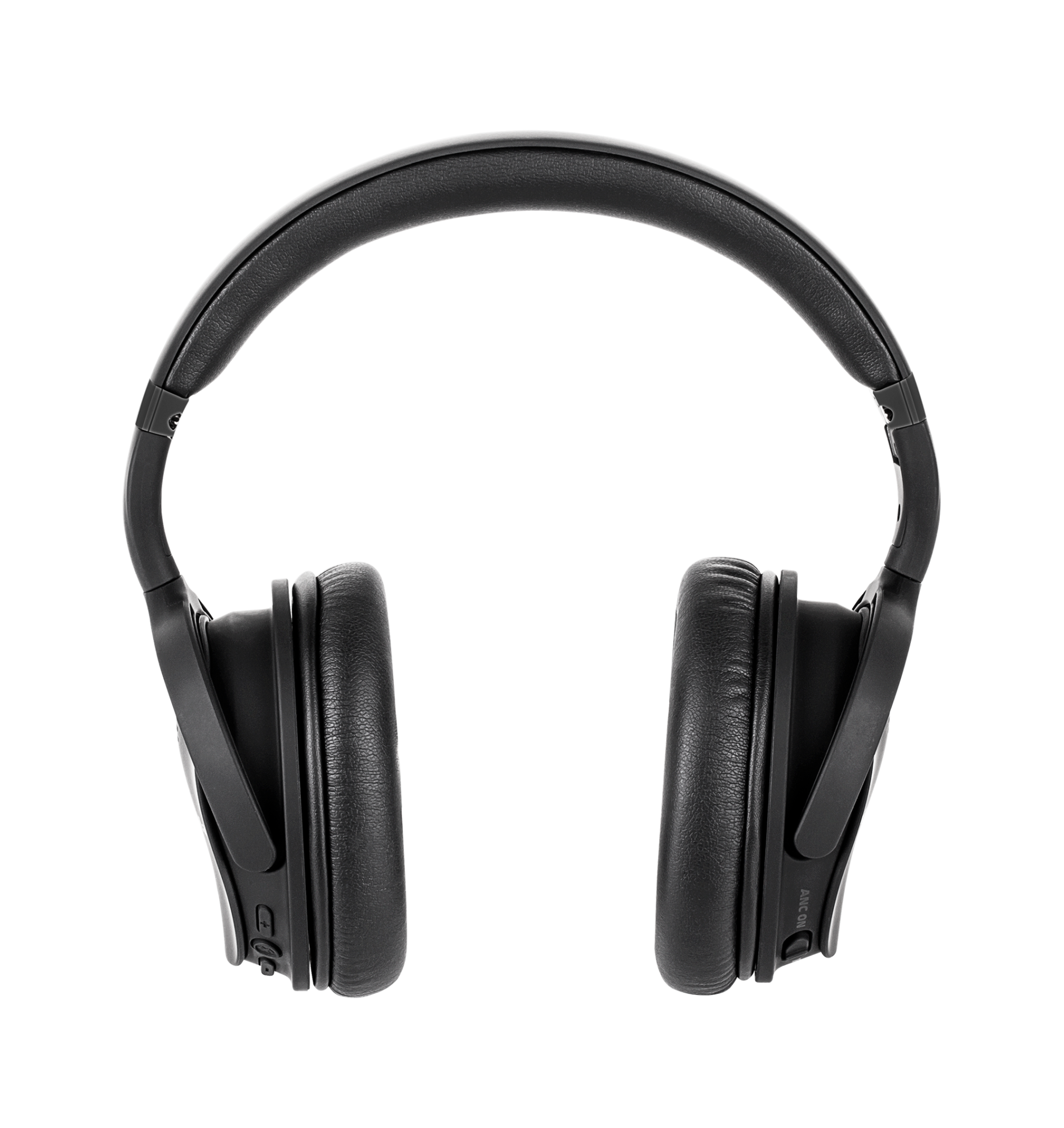 Czarne słuchawki na czarnym tle. Słuchawki mają wyściełany pałąk i nauszniki.