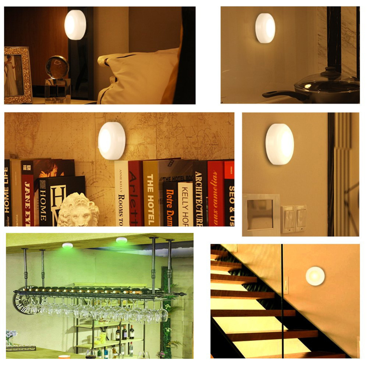 Eine Collage von Bildern zeigt kleine, runde, leuchtende Lichter in verschiedenen Umgebungen: Schlafzimmer, Küche, Bücherregal, Wand, Bar und Treppe.