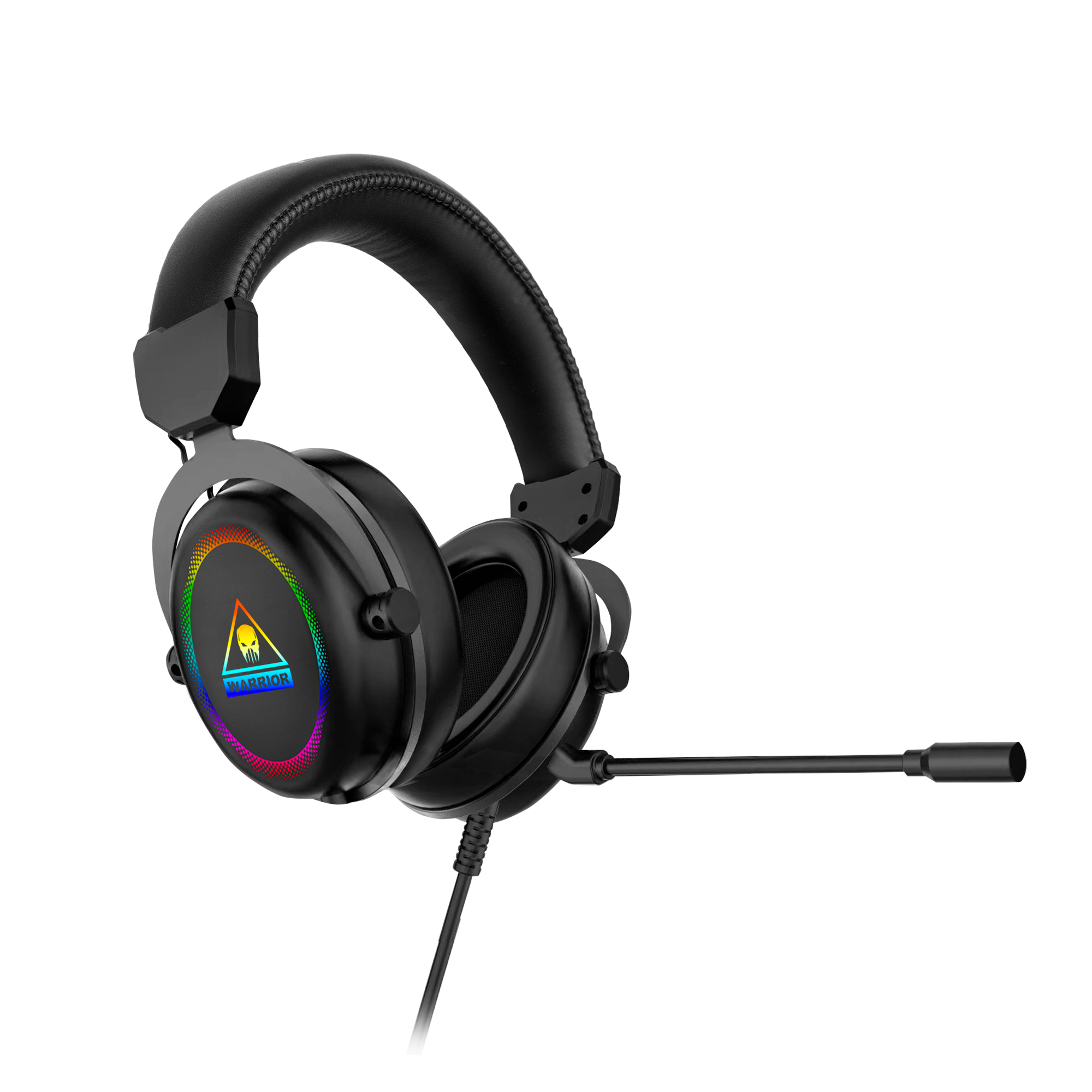 Czarne słuchawki dla graczy z mikrofonem. Na nausznikach kolorowe logo. Tło jasnoszare.