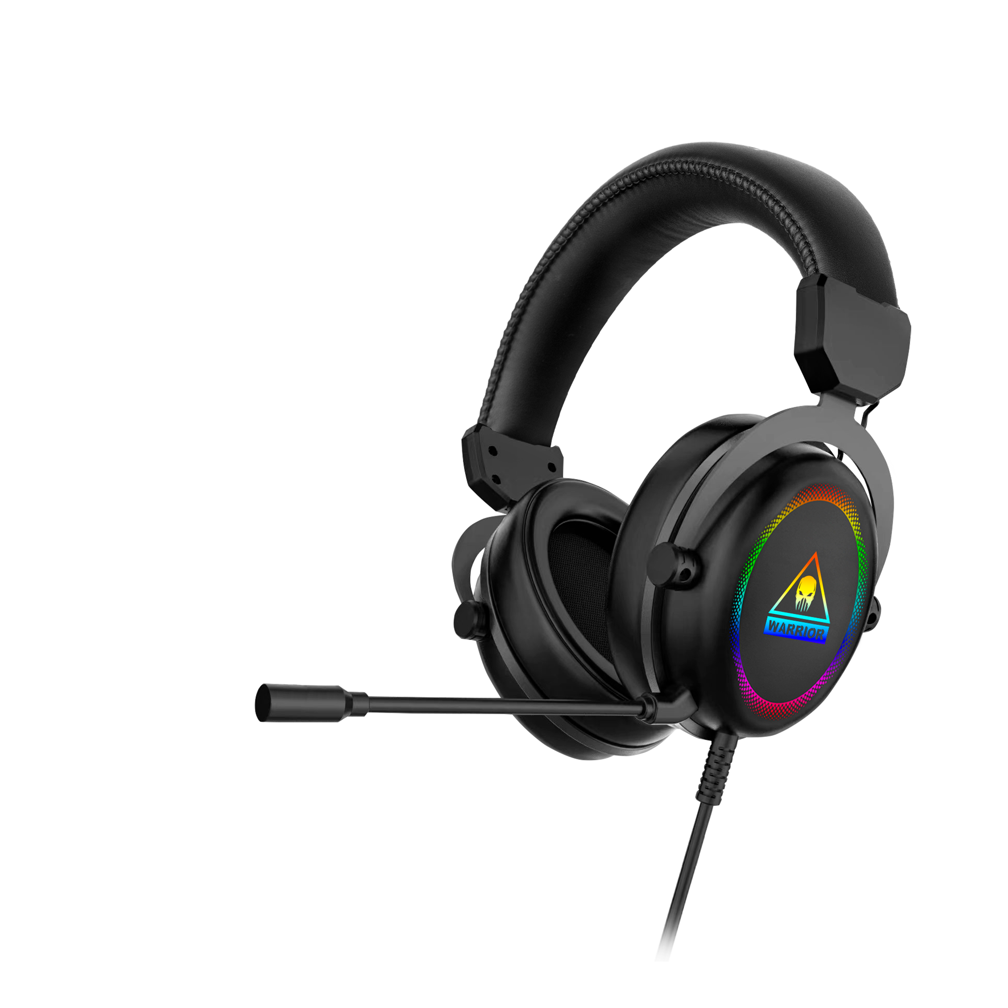 Czarny zestaw słuchawkowy dla graczy z mikrofonem. Ma kolorowe światła i napis 'WARRIOR' na nauszniku.