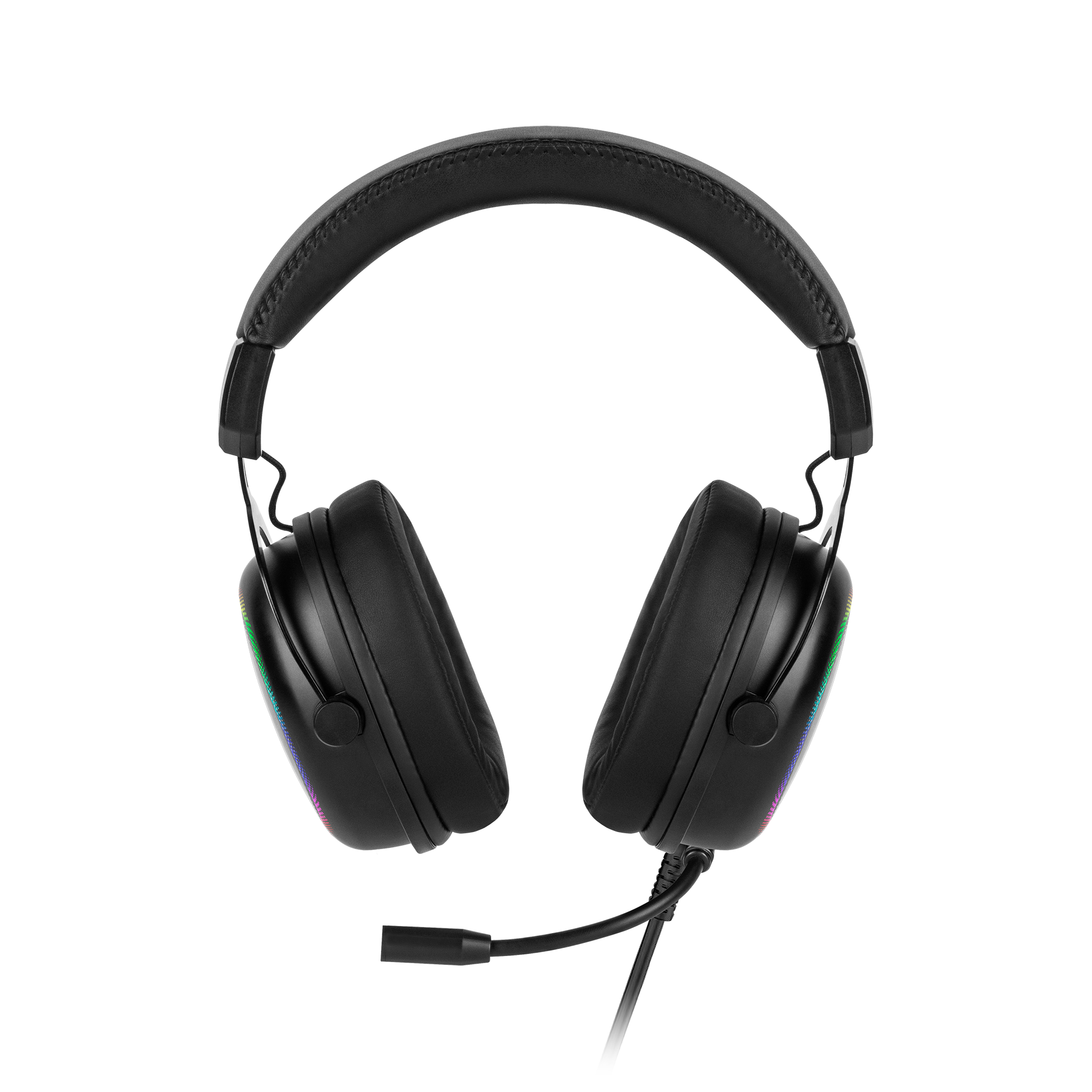 Czarne słuchawki dla graczy z mikrofonem. Podświetlenie RGB na nausznikach. Konstrukcja nauszna. Wyściełany pałąk. Czarne tło.