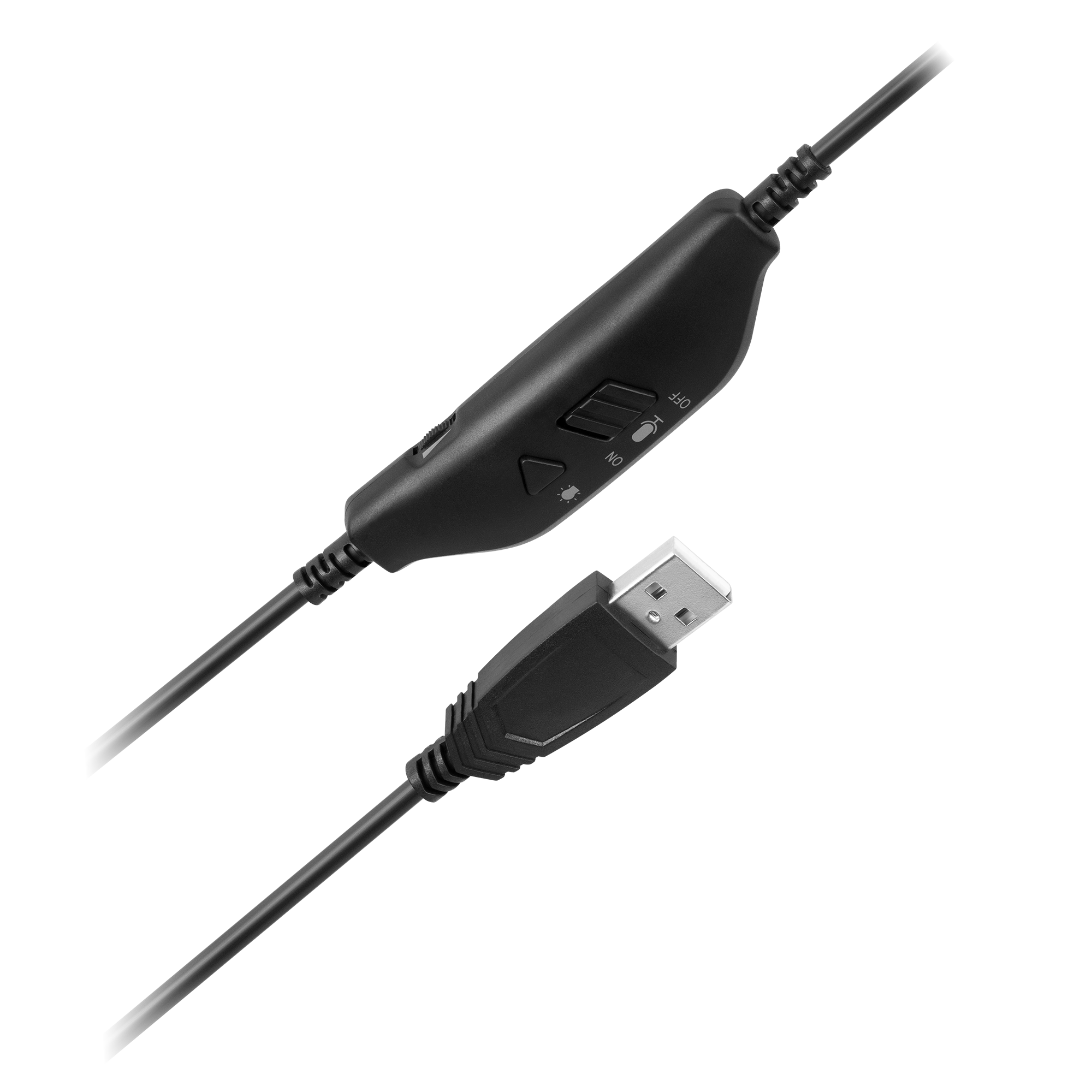 Czarny kabel do zestawu słuchawkowego z wtyczką USB i kontrolą na kablu. Tło to szary gradient.